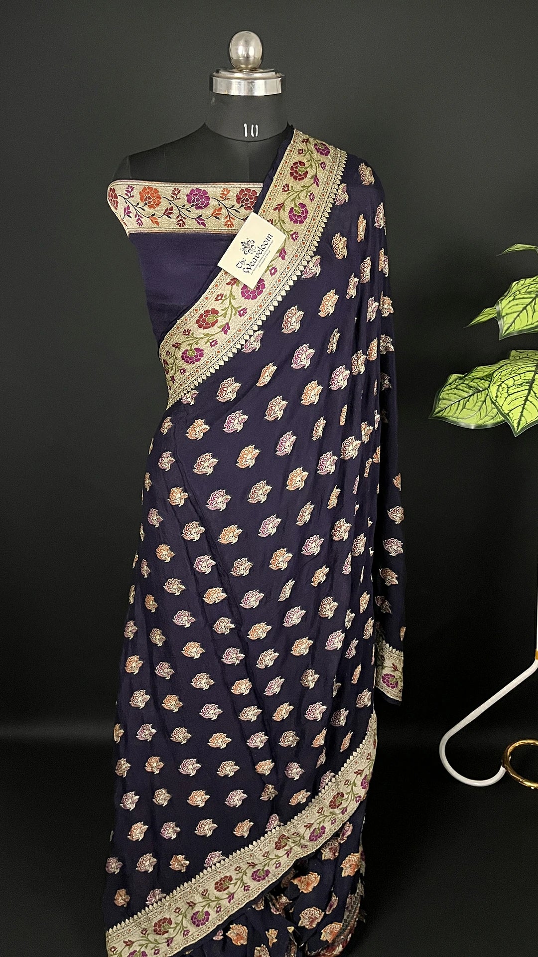 Navy Blue Floral Meenakari Crepe Georgette Pure Banarasi Saree With Zari Border The Weaveloom