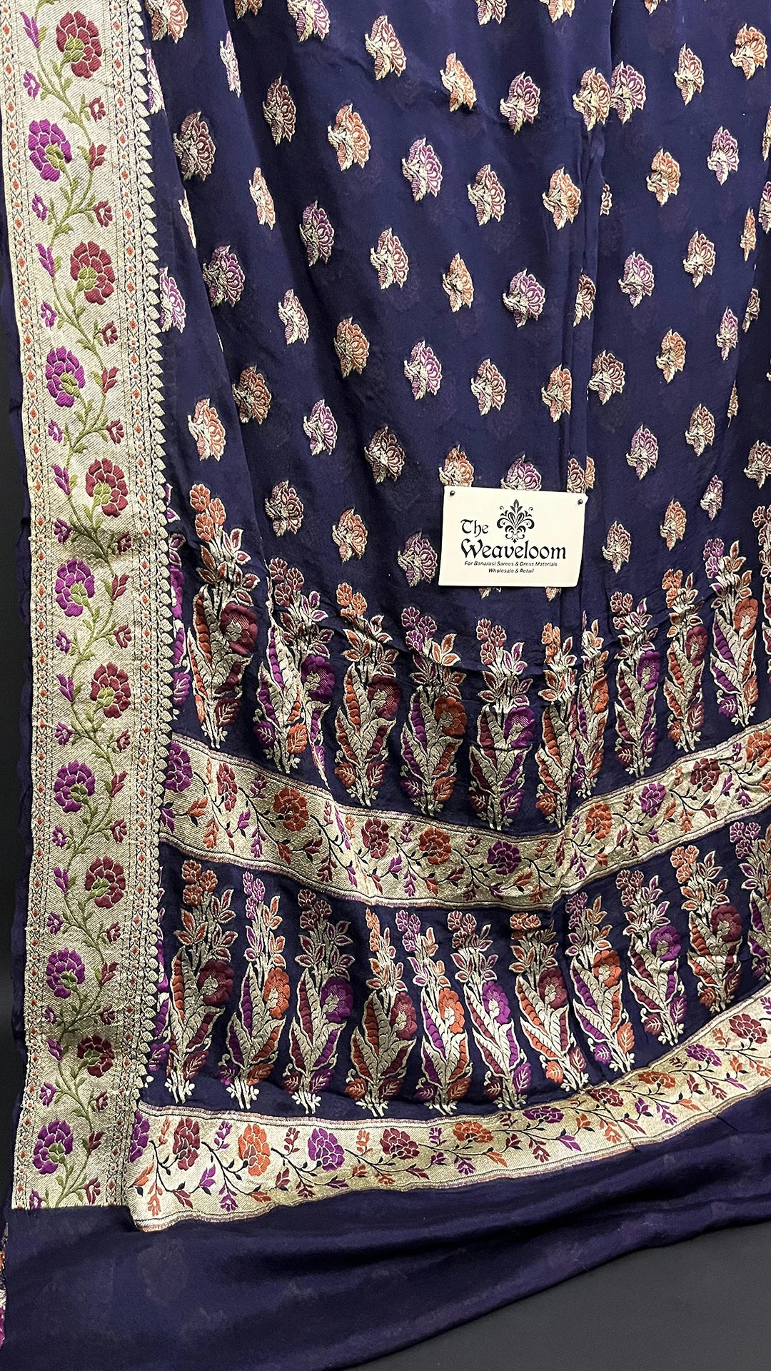 Navy Blue Floral Meenakari Crepe Georgette Pure Banarasi Saree With Zari Border The Weaveloom
