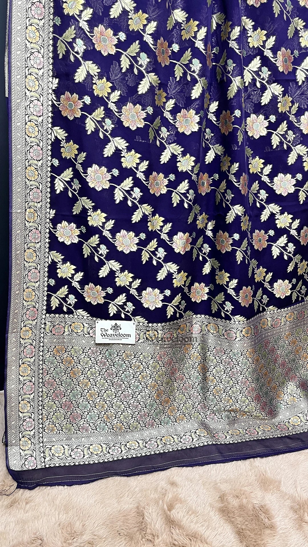 Navy Blue Handbrush Floral Print Pure Viscose Georgette Saree by The Weaveloom