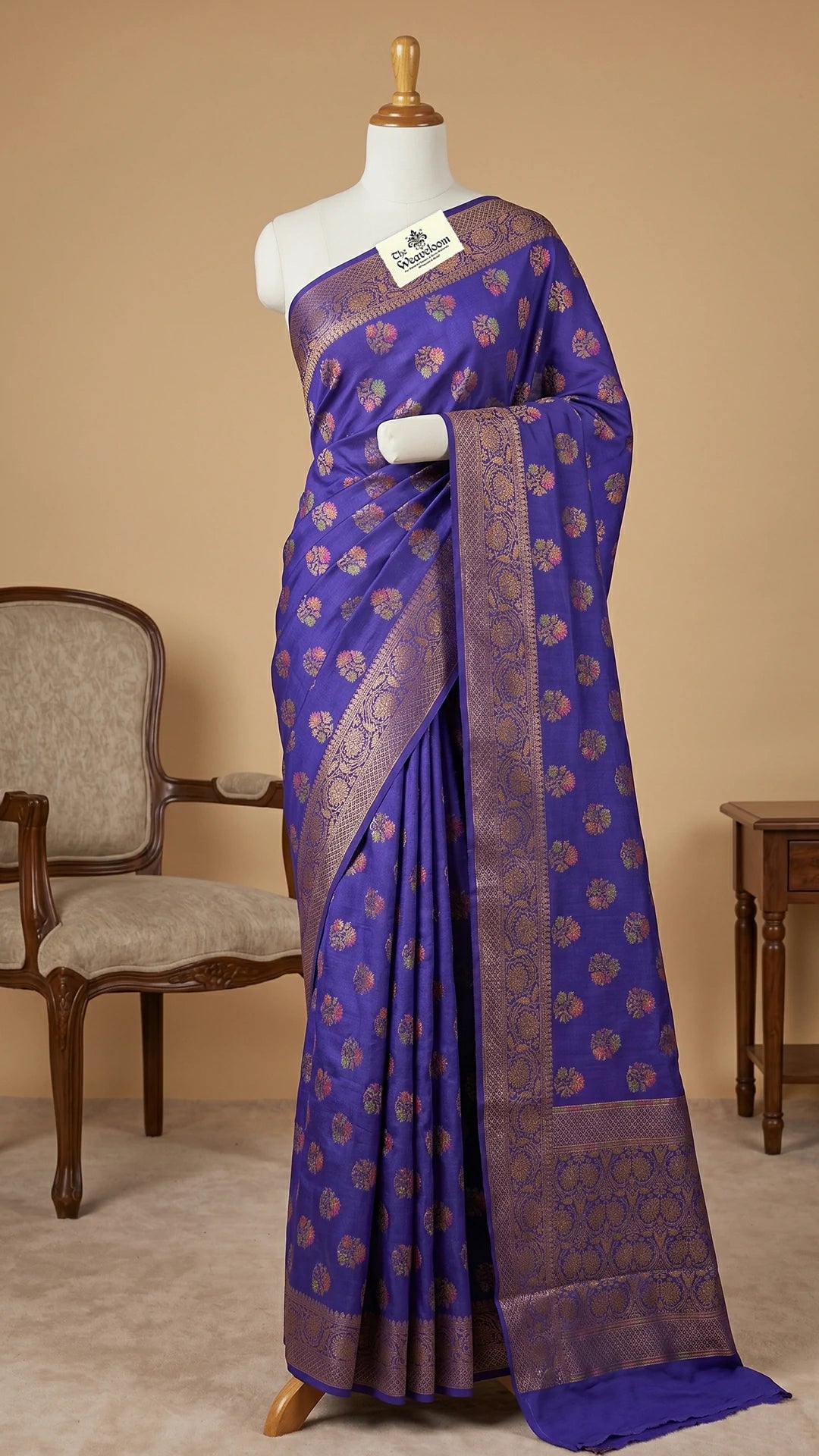 The Weaveloom Navy Blue Munga Silk Pure Banarasi Saree with Floral Meenakari Antique Zari Border and Rich Pallu