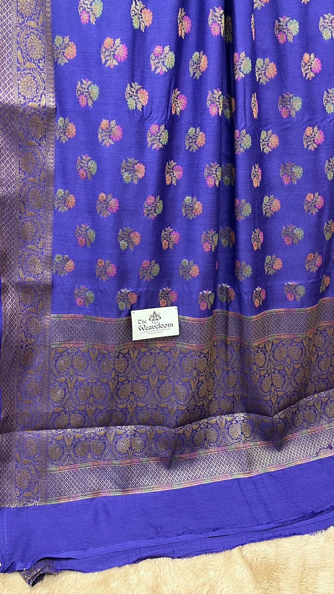 The Weaveloom Navy Blue Munga Silk Pure Banarasi Saree with Floral Meenakari Antique Zari Border and Rich Pallu