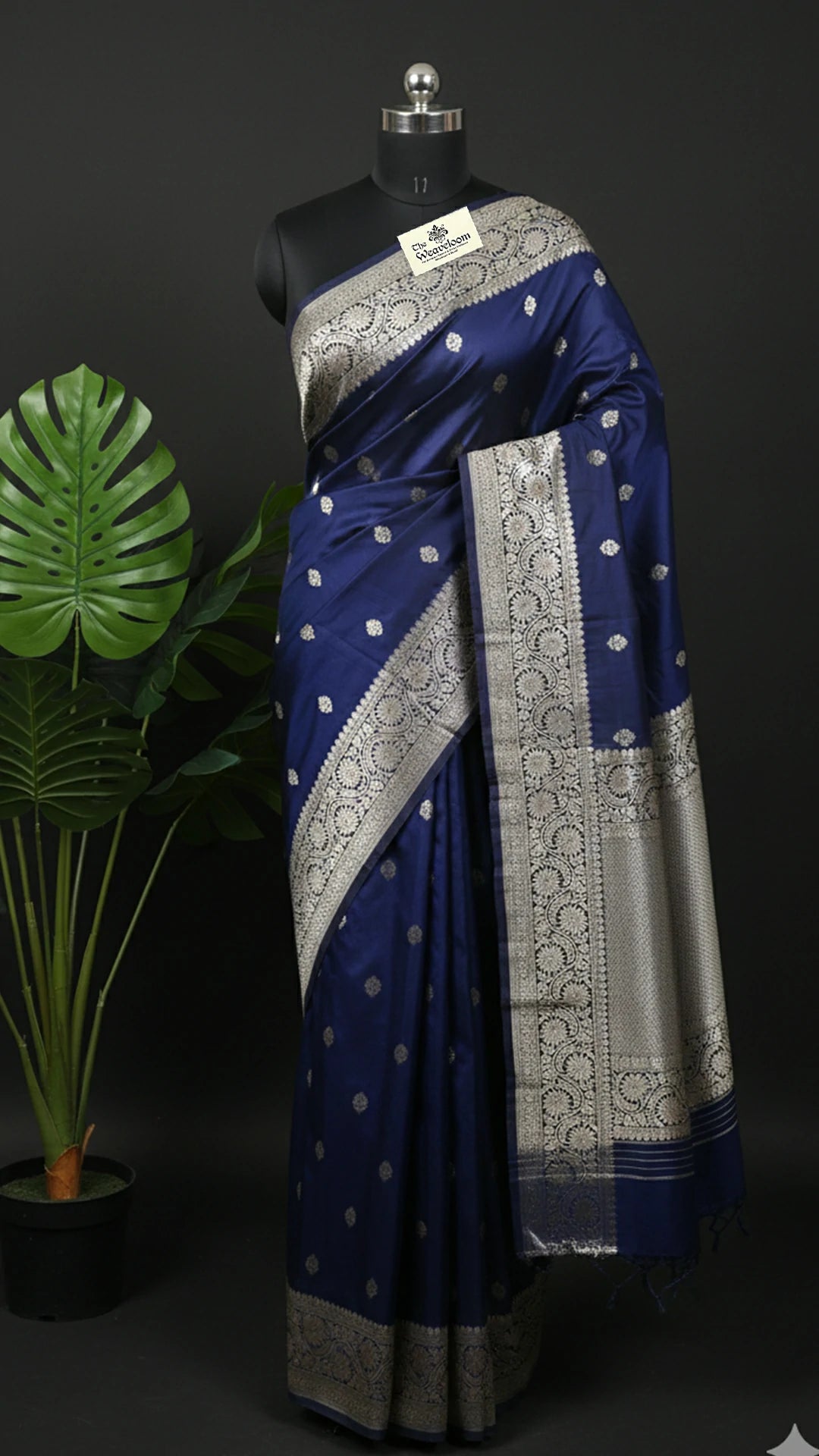 Navy Blue Pure Katan Silk Handloom Banarasi Saree with Silver Zari Buta and Floral Border by The Weaveloom