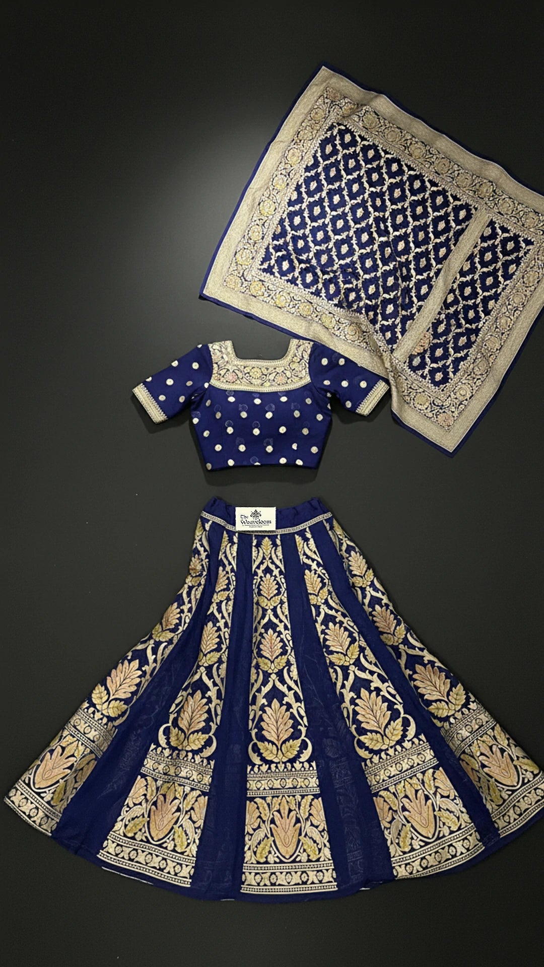 Navy Blue Pure Khaddi Georgette Banarasi Lehenga with Handbrush Floral Border – The Weaveloom