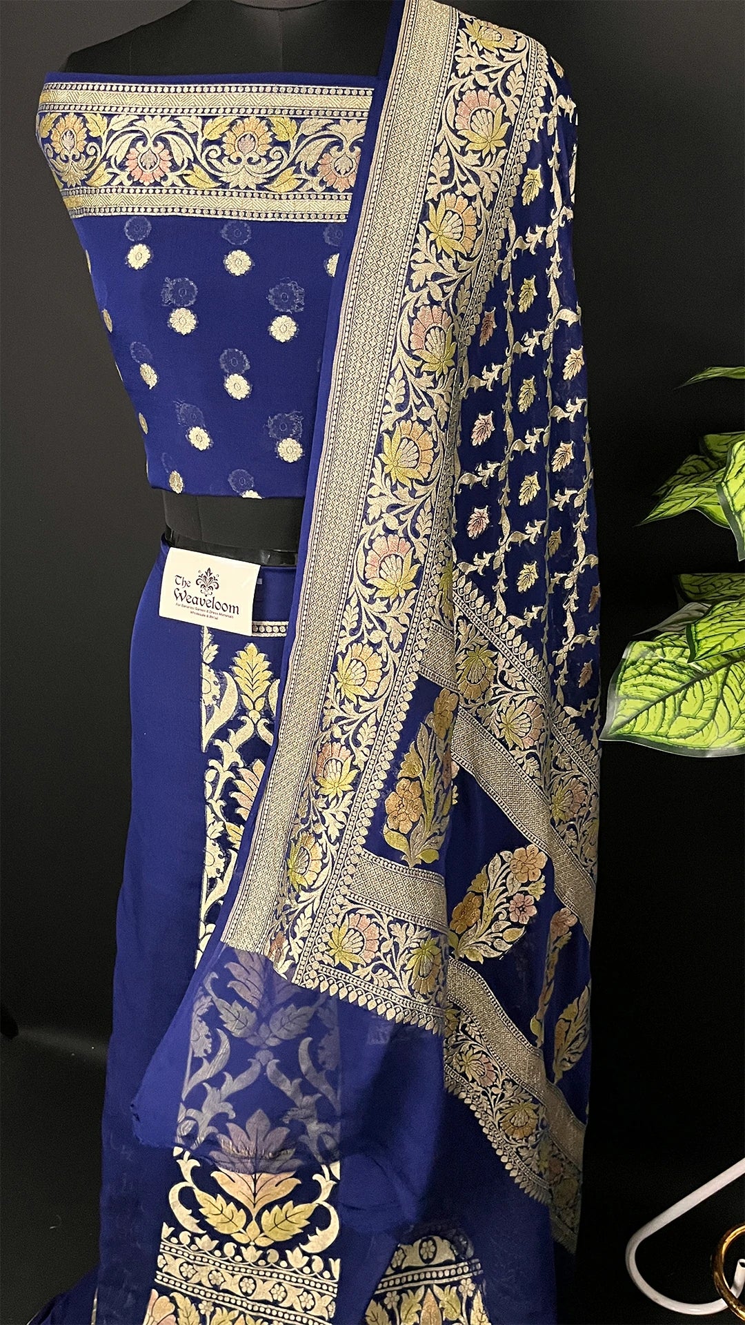 Navy Blue Pure Khaddi Georgette Banarasi Lehenga with Handbrush Floral Border – The Weaveloom