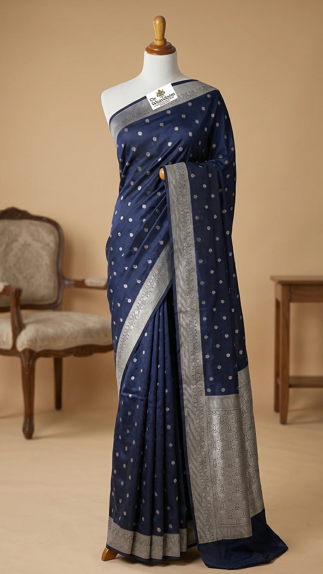 Navy blue pure Dupion silk Banarasi saree with silver buti & brocade pallu by The Weaveloom