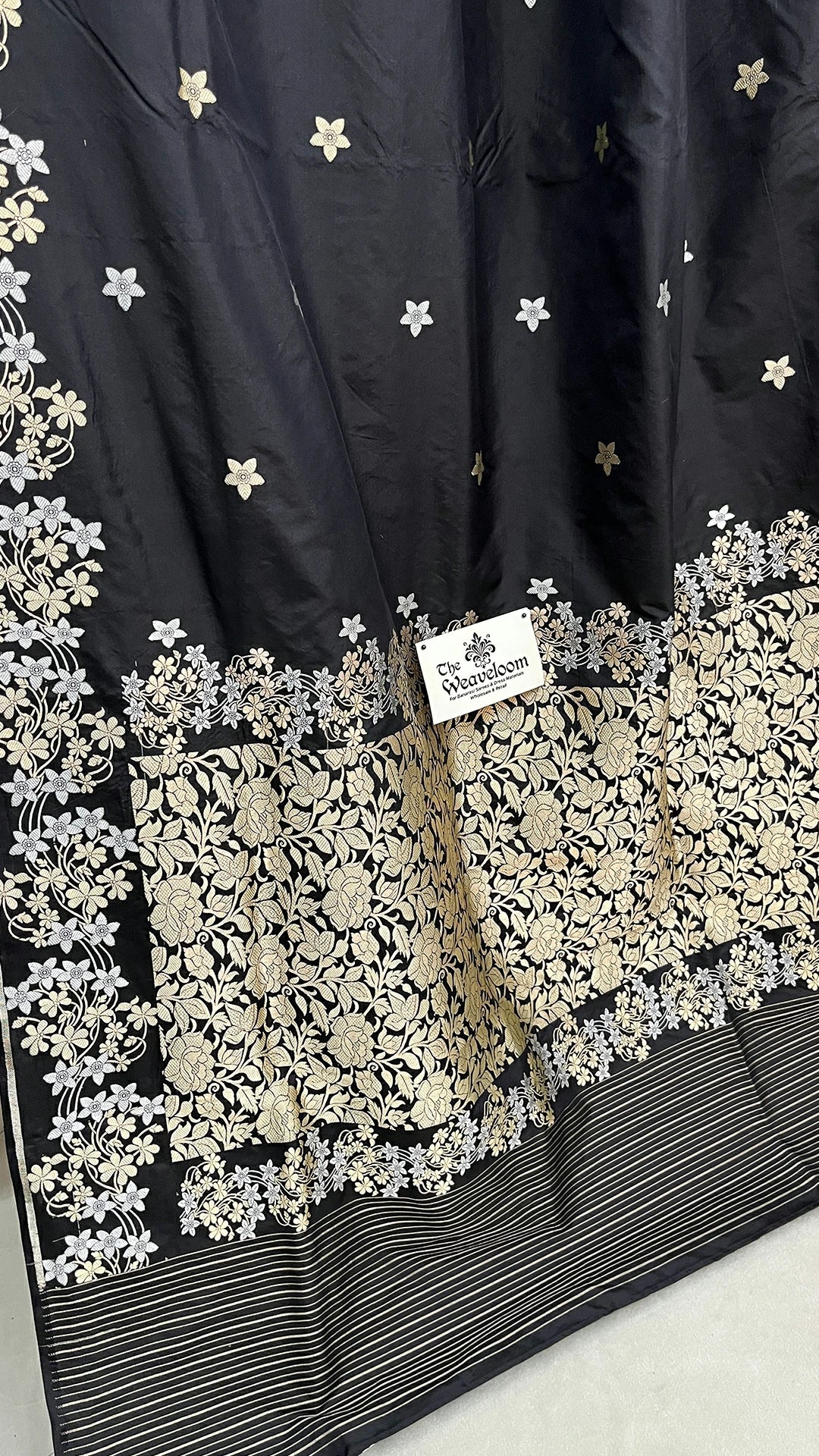 Nita Ambani Inspired Black Pure Katan Silk Banarasi Saree with Sona Rupa Gold Silver Zari Meenakari - The Weaveloom