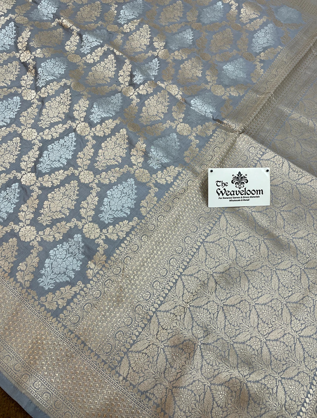 Nita Ambani Grey Pure Katan Silk Banarasi Saree With Sona Rupa Motifs by The Weaveloom