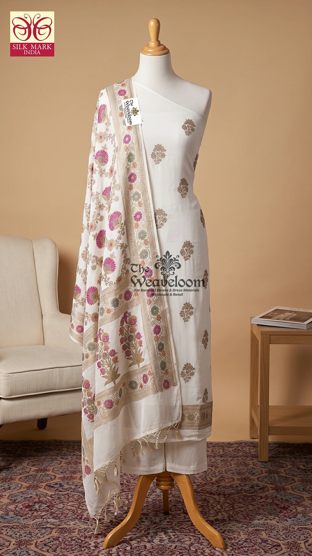 Off White floral buti handbrush Khaddi Georgette pure Banarasi dress material by The Weaveloom