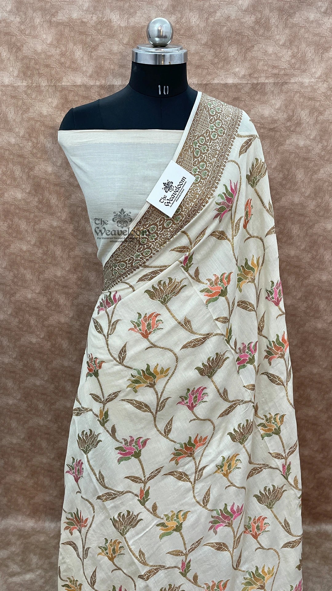 Off-White Floral Meenakari Munga Silk Pure Banarasi Saree by The Weaveloom