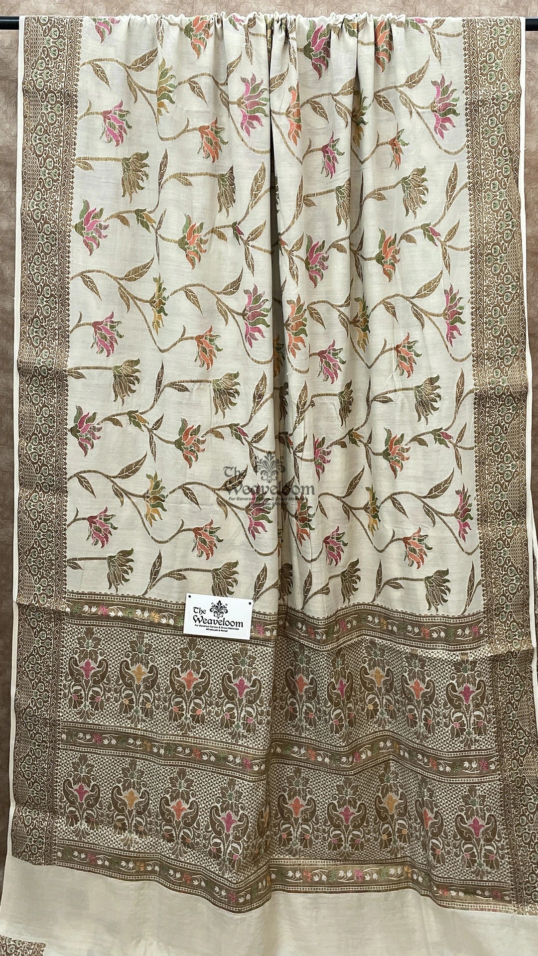 Off-White Floral Meenakari Munga Silk Pure Banarasi Saree by The Weaveloom