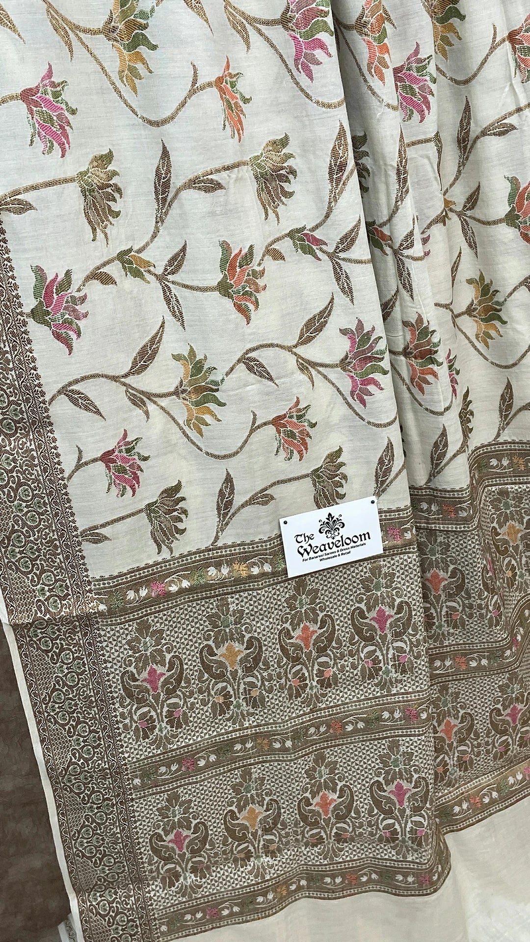 Off-White Floral Meenakari Munga Silk Pure Banarasi Saree by The Weaveloom