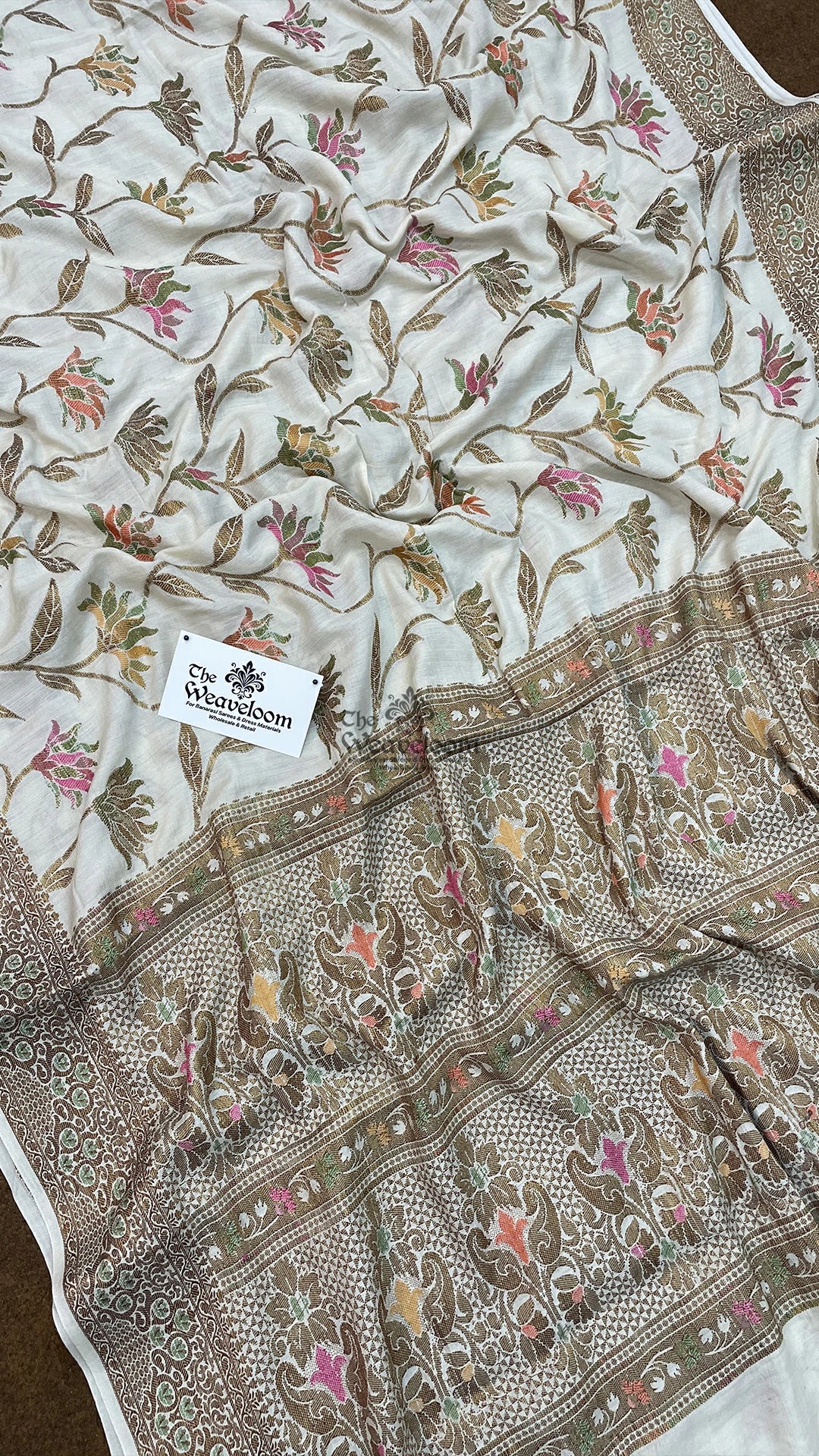 Off-White Floral Meenakari Munga Silk Pure Banarasi Saree by The Weaveloom