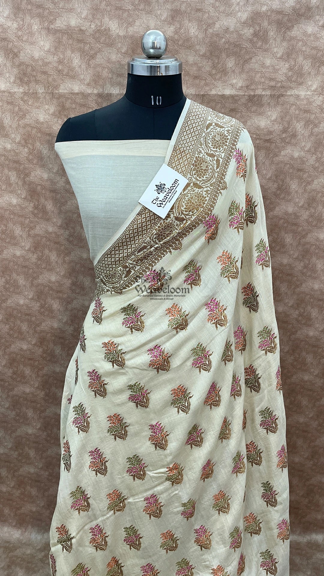 Off white cream meenakari booti Munga silk Pure Banarasi saree by The Weaveloom