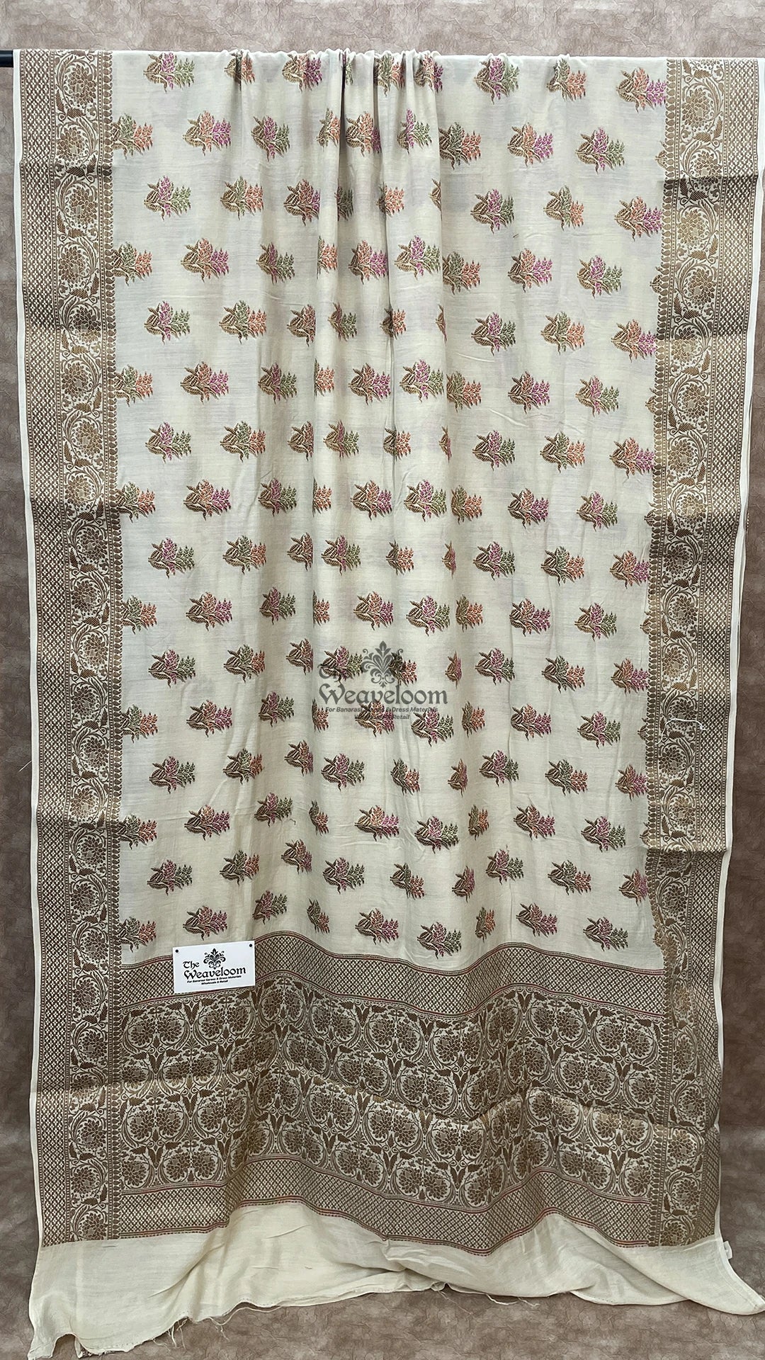 Off white cream meenakari booti Munga silk Pure Banarasi saree by The Weaveloom