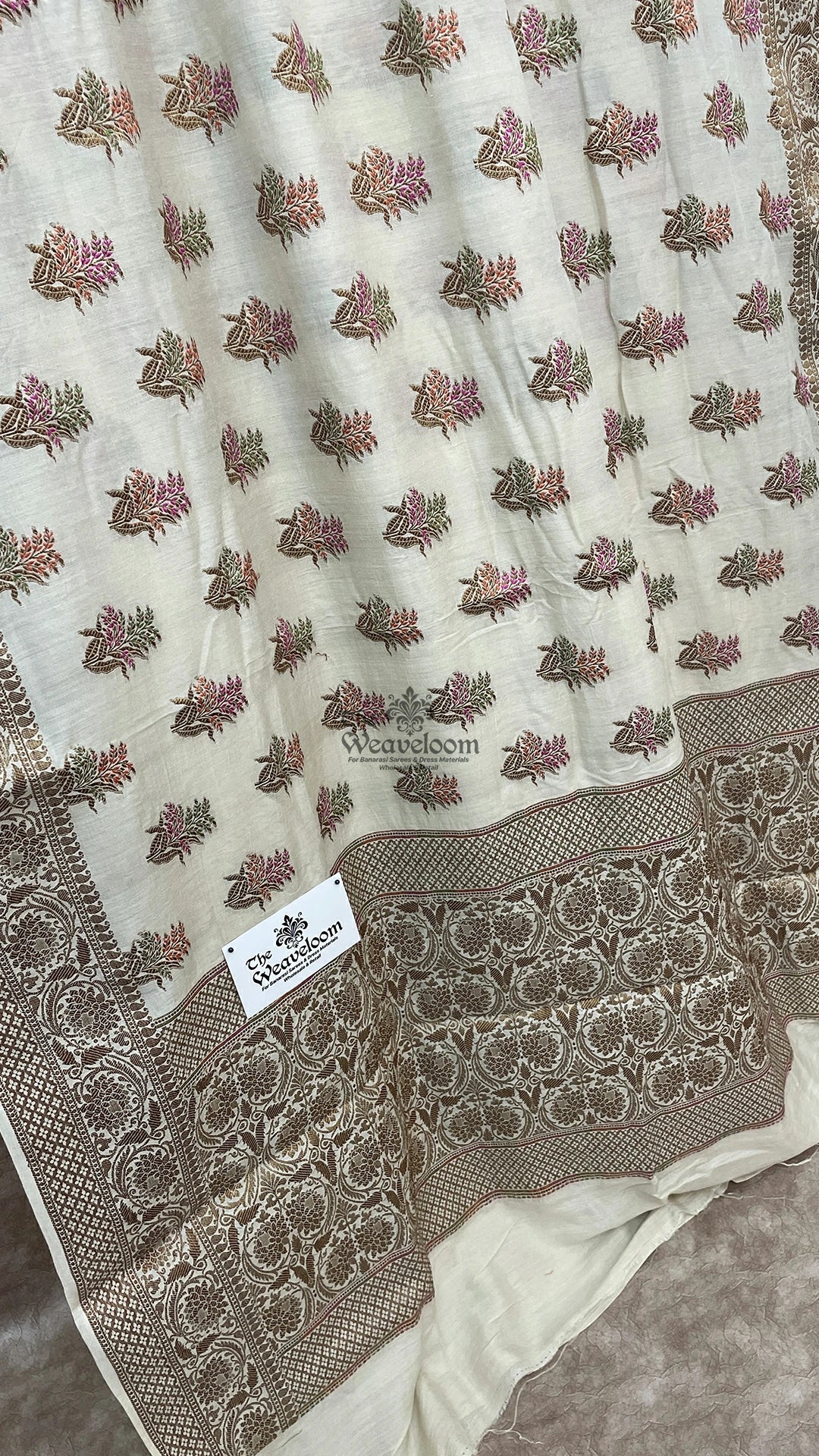 Off white cream meenakari booti Munga silk Pure Banarasi saree by The Weaveloom