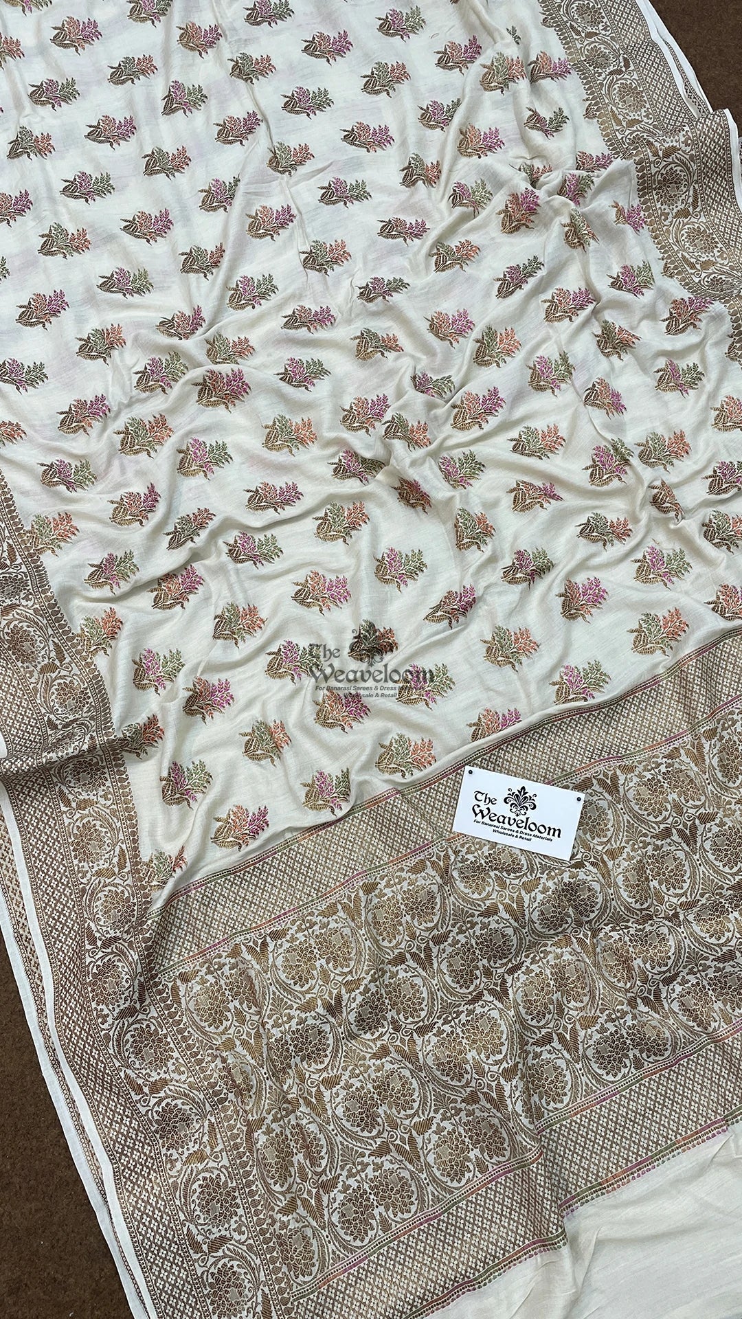 Off white cream meenakari booti Munga silk Pure Banarasi saree by The Weaveloom