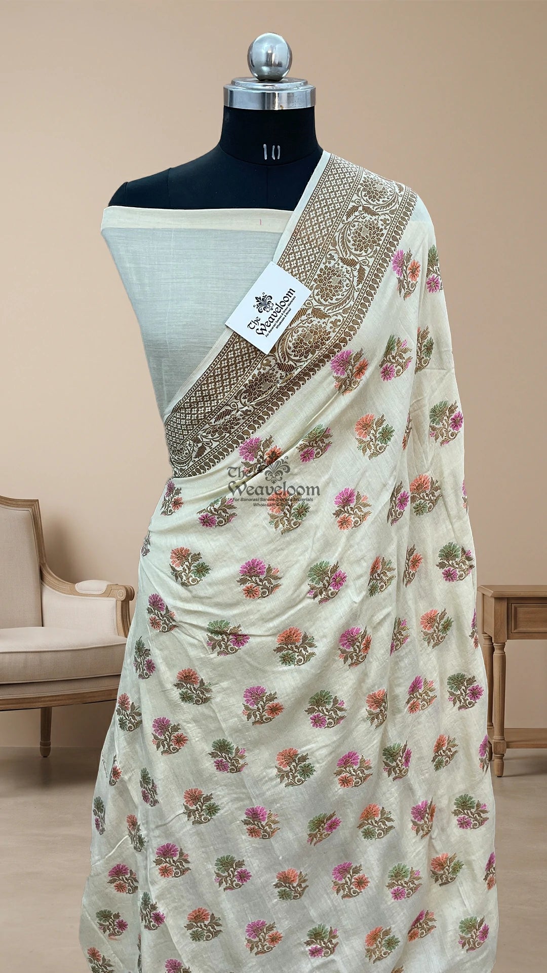 Off White Meenakari Floral Booti Pure Banarasi Silk Saree by The Weaveloom