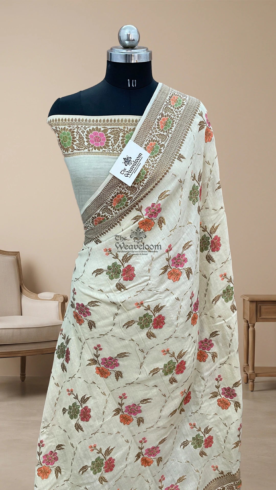 Off-White Meenakari Floral Munga Silk Pure Banarasi Saree by The Weaveloom