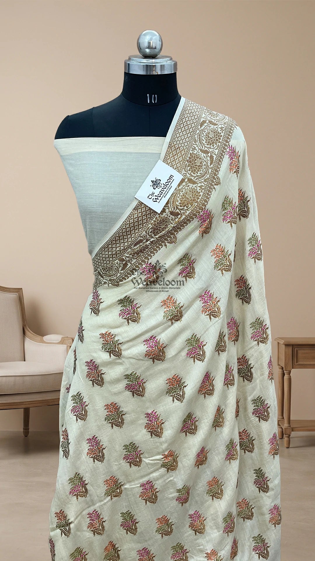 Off white cream meenakari booti Munga silk Pure Banarasi saree by The Weaveloom