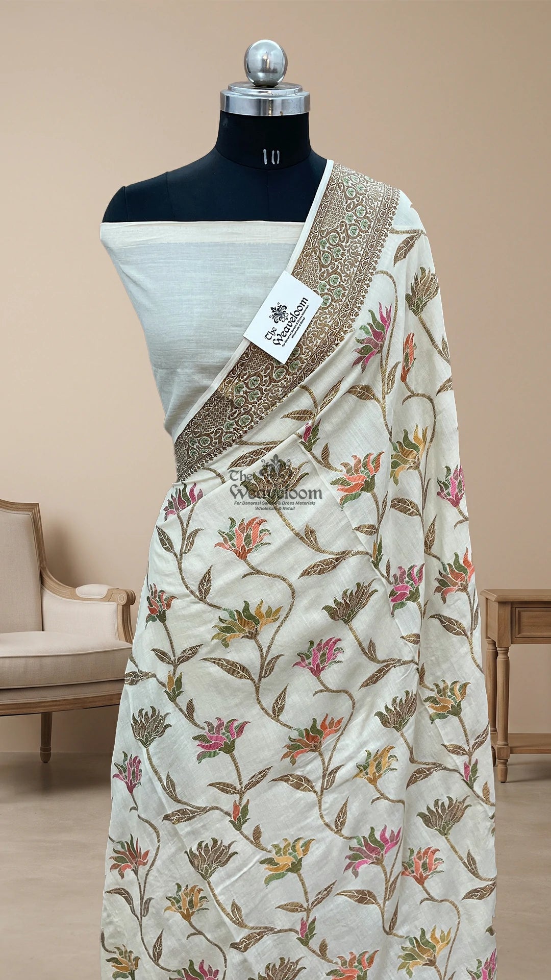 Off-White Floral Meenakari Munga Silk Pure Banarasi Saree by The Weaveloom