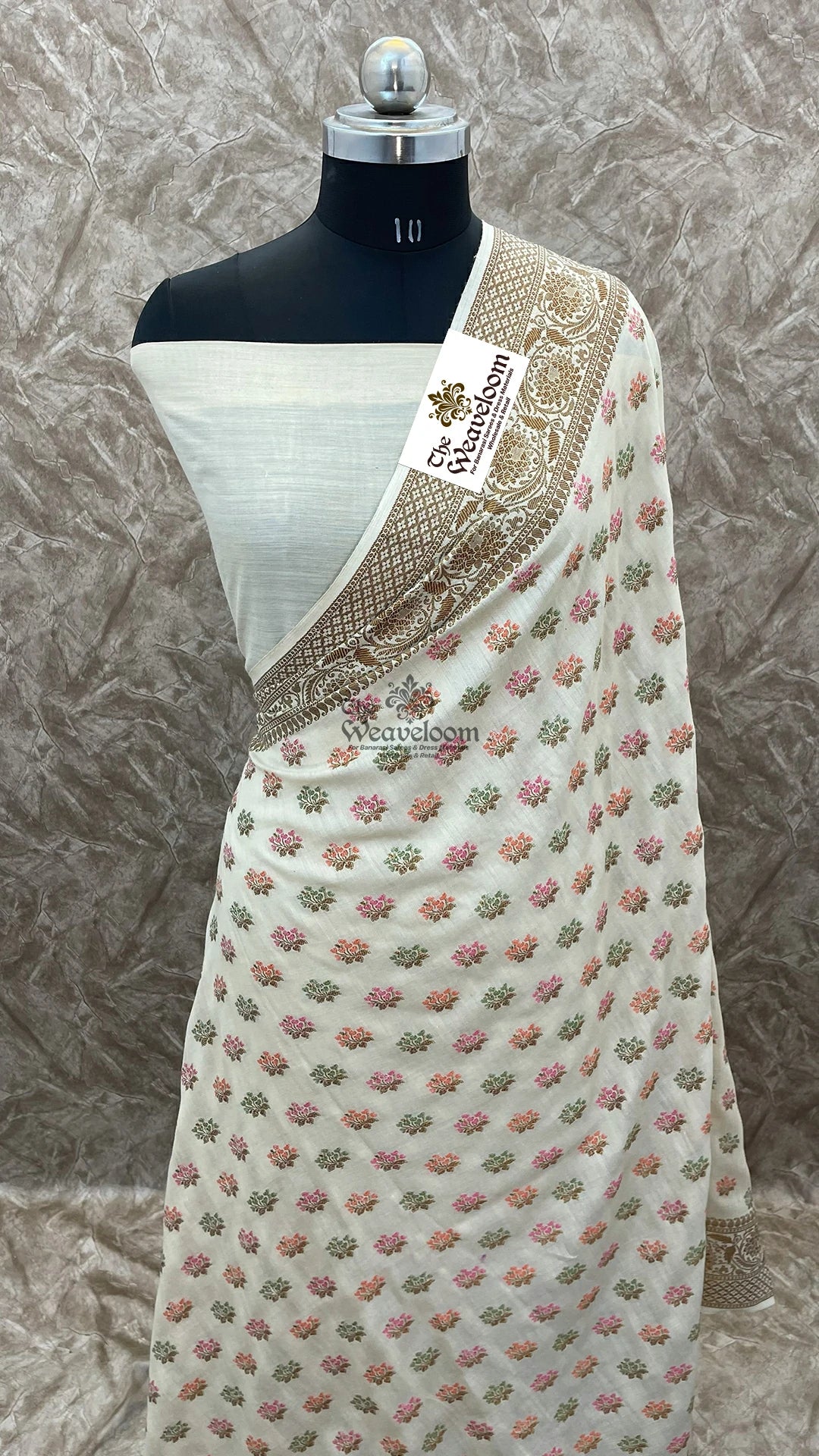 Off White Meenakari Floral Booti Munga Silk Pure Banarasi Saree