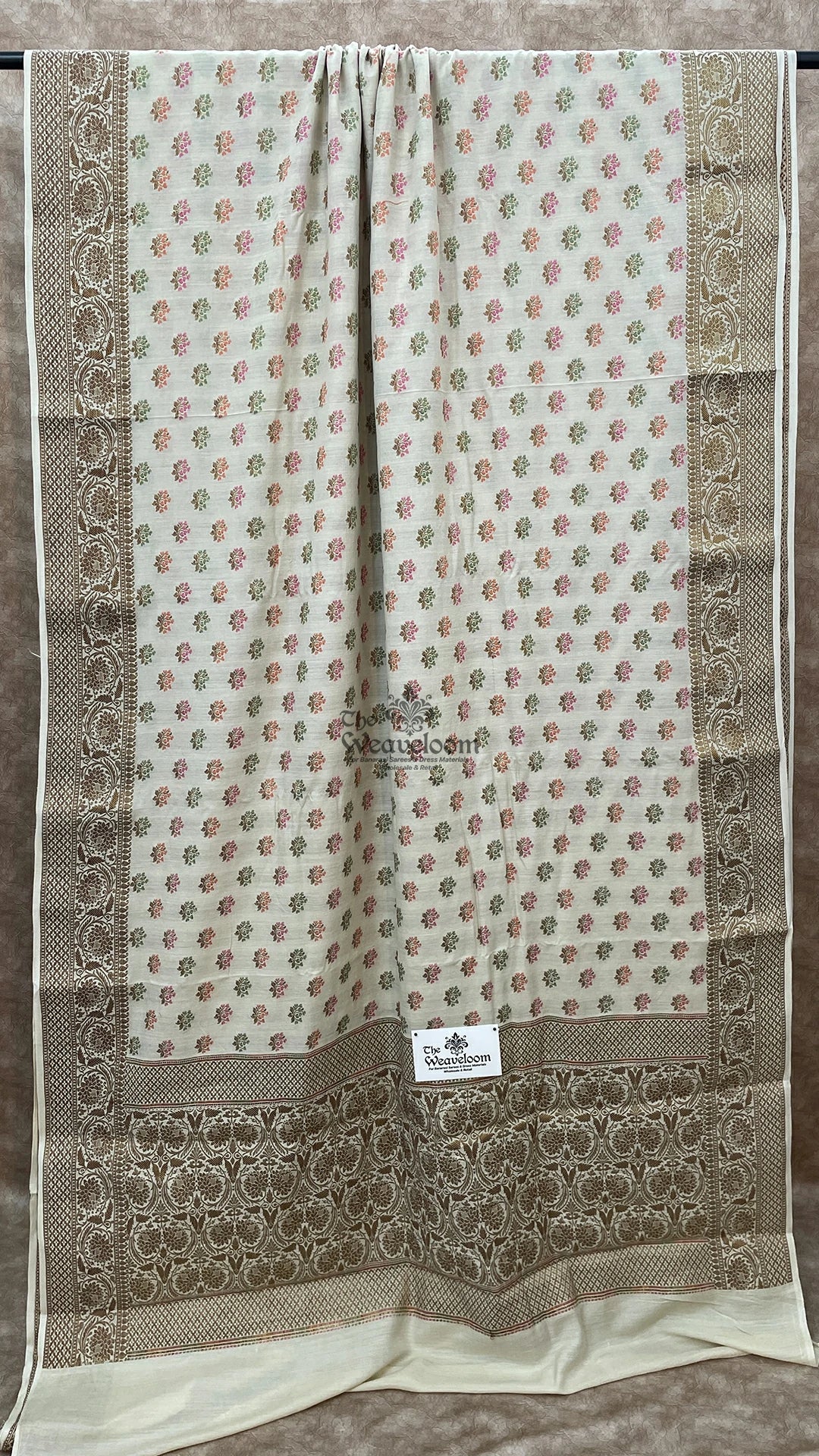 Off White Meenakari Floral Booti Munga Silk Pure Banarasi Saree