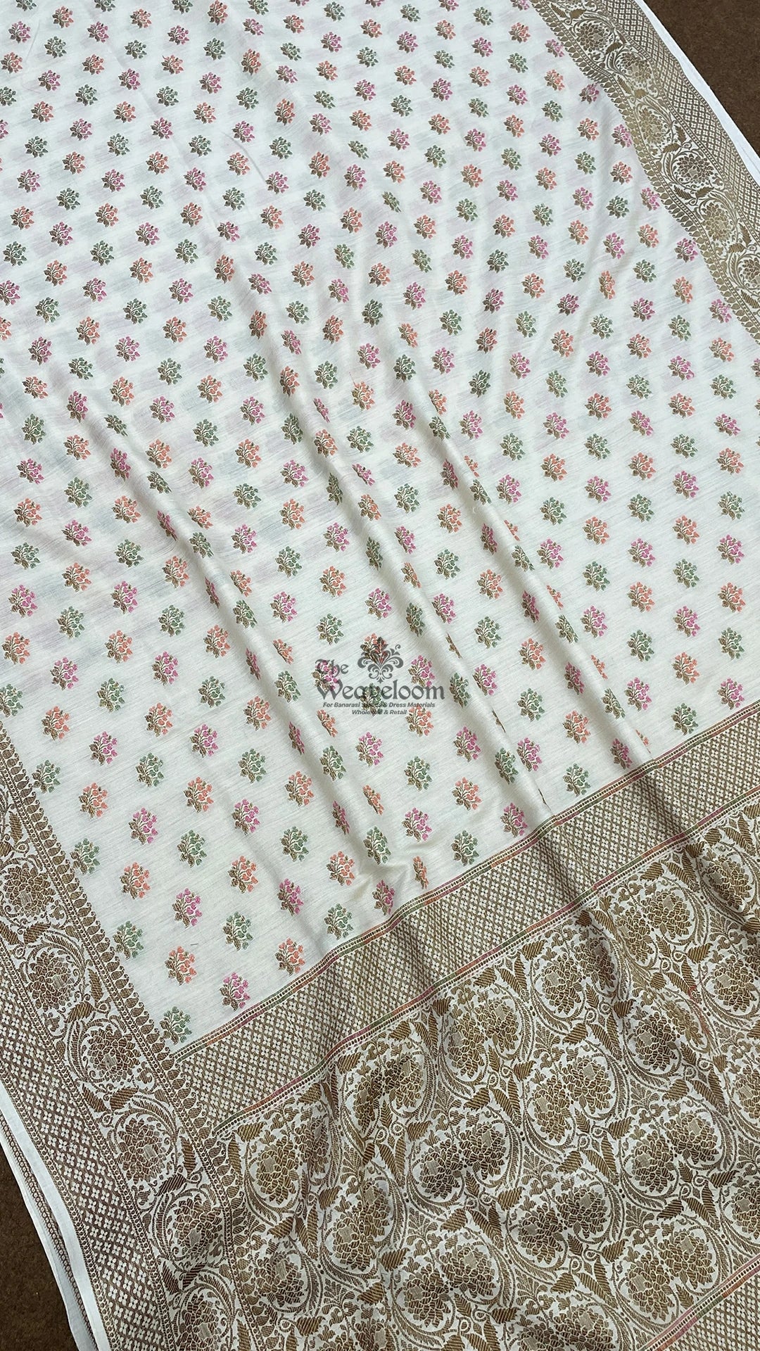 Off White Meenakari Floral Booti Munga Silk Pure Banarasi Saree