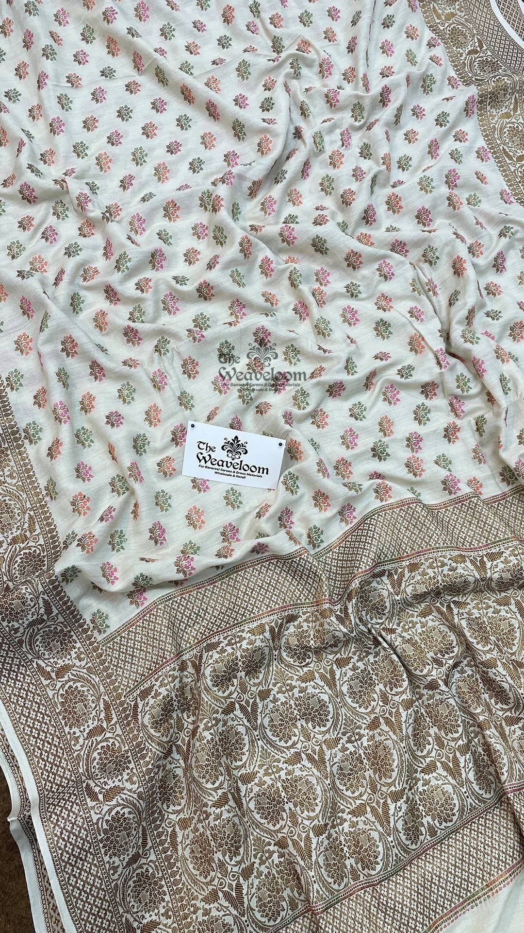 Off White Meenakari Floral Booti Munga Silk Pure Banarasi Saree