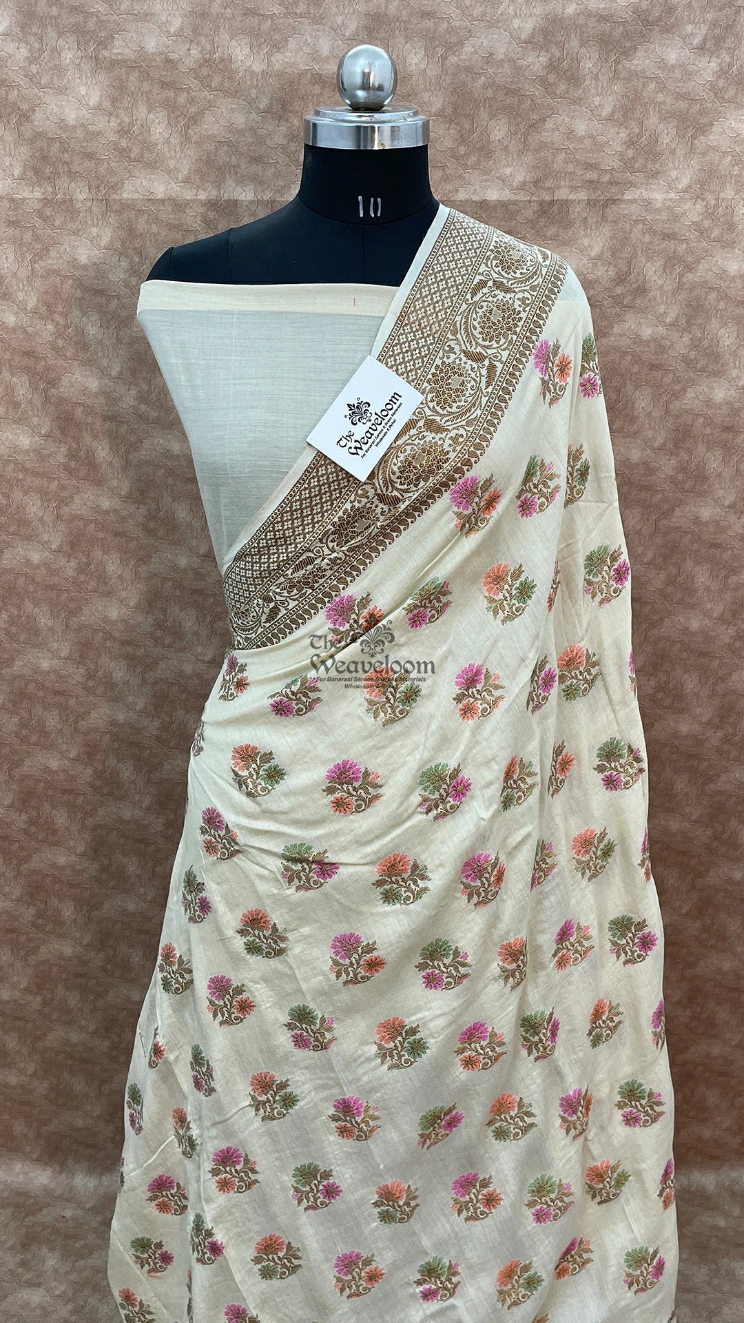 Off White Meenakari Floral Booti Pure Banarasi Silk Saree by The Weaveloom