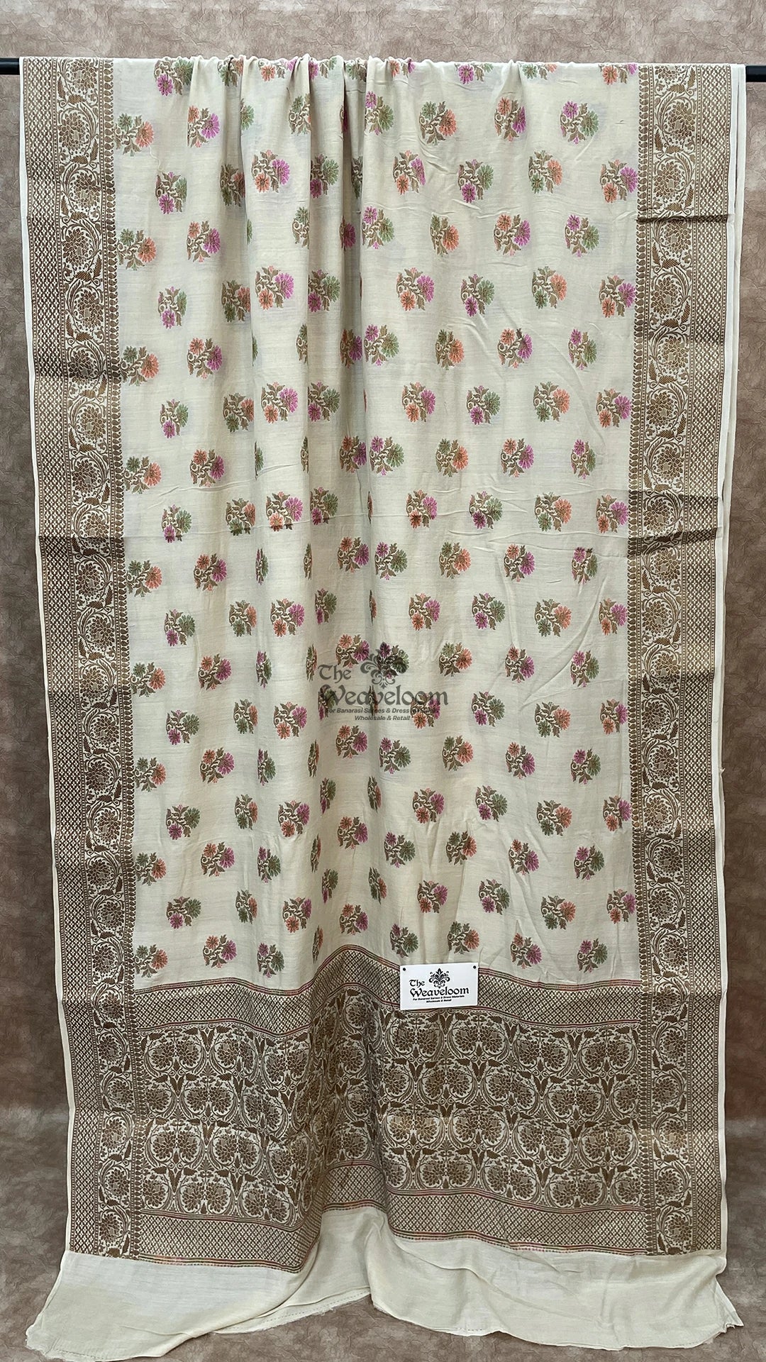 Off White Meenakari Floral Booti Pure Banarasi Silk Saree by The Weaveloom
