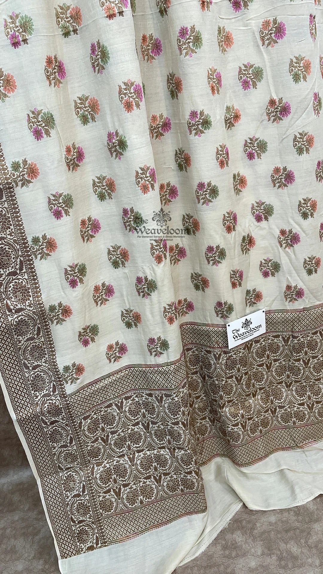 Off White Meenakari Floral Booti Pure Banarasi Silk Saree by The Weaveloom