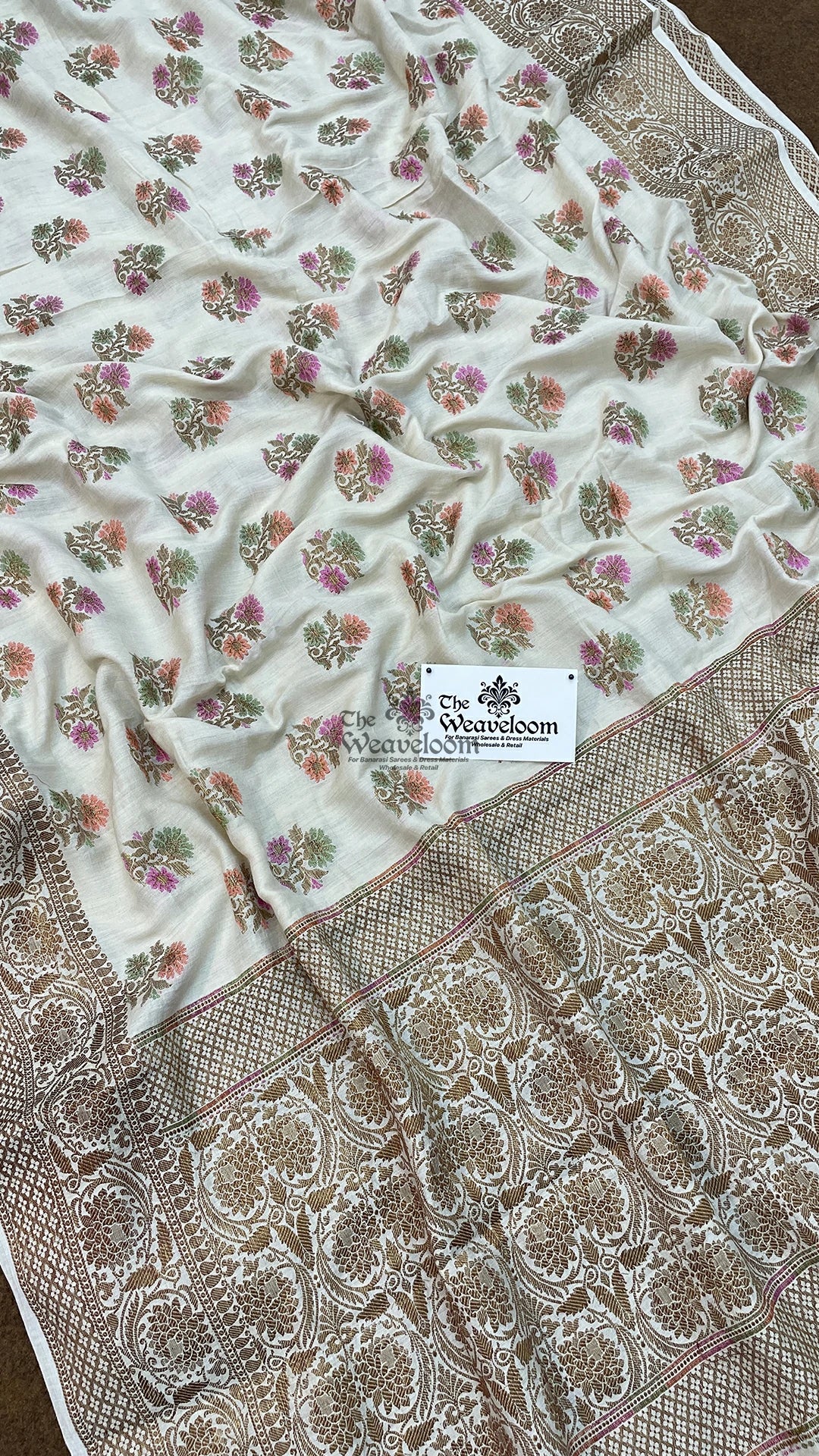 Off White Meenakari Floral Booti Pure Banarasi Silk Saree by The Weaveloom