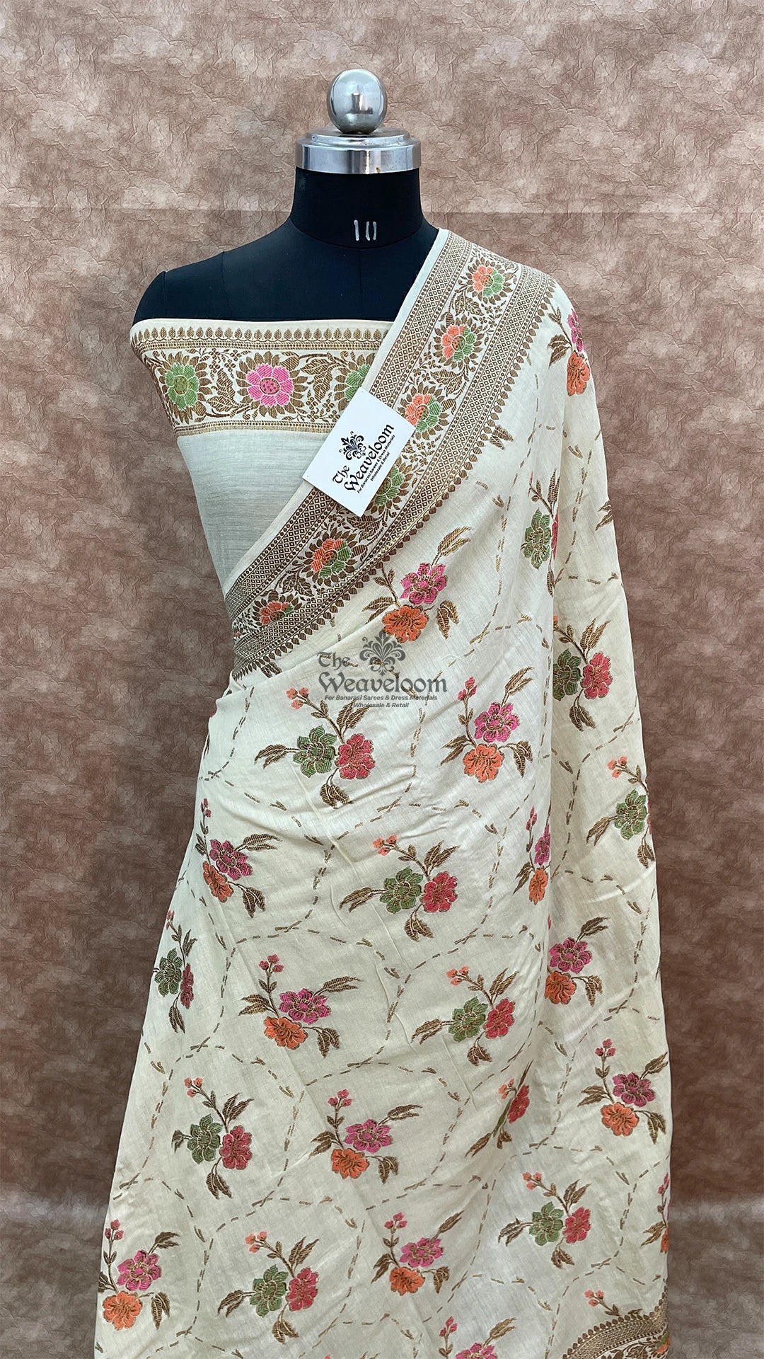 Off-White Meenakari Floral Munga Silk Pure Banarasi Saree by The Weaveloom