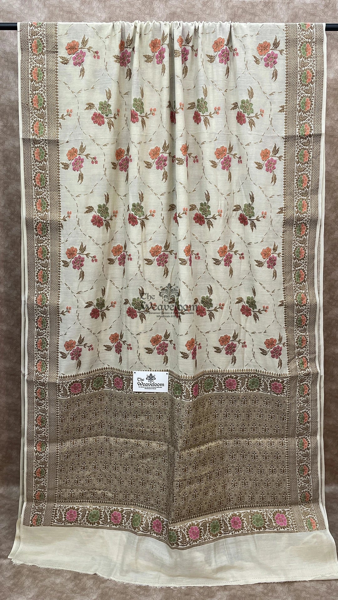 Off-White Meenakari Floral Munga Silk Pure Banarasi Saree by The Weaveloom