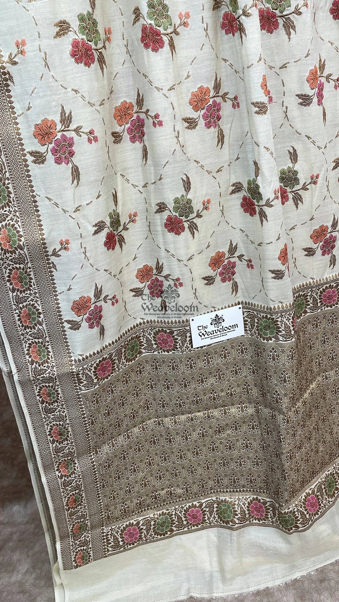 Off-White Meenakari Floral Munga Silk Pure Banarasi Saree by The Weaveloom