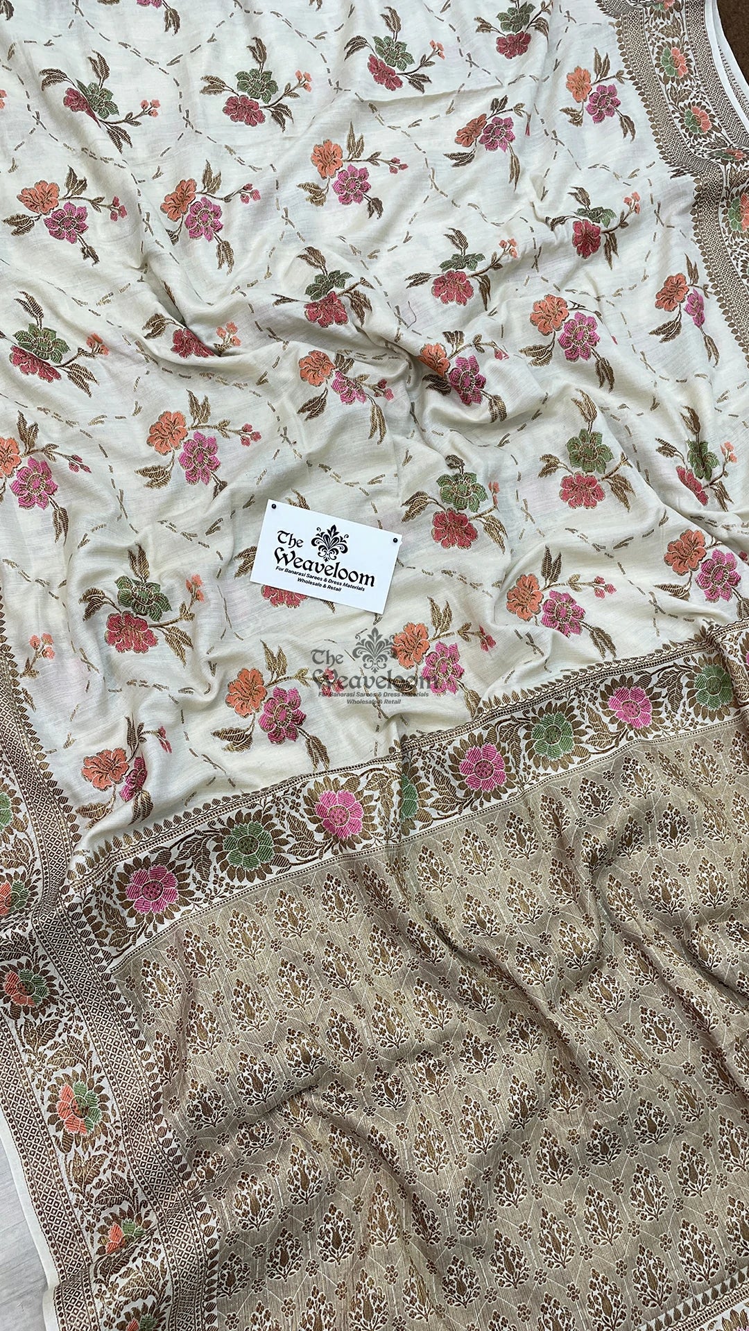 Off-White Meenakari Floral Munga Silk Pure Banarasi Saree by The Weaveloom