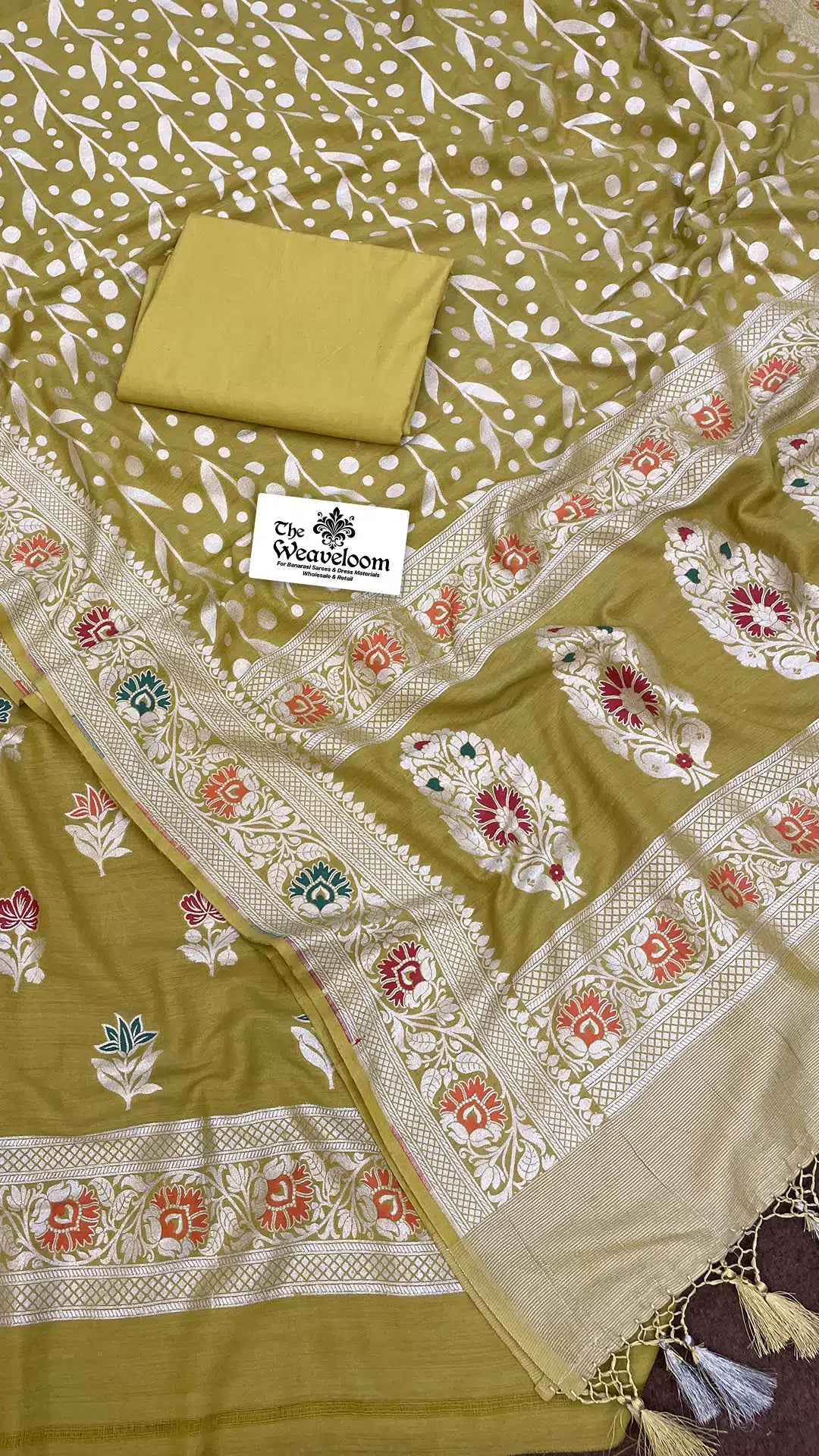The Weaveloom Olive Mehendi Moonga silk Banarasi dress material with Meenakari dupatta – unstitched salwar suit