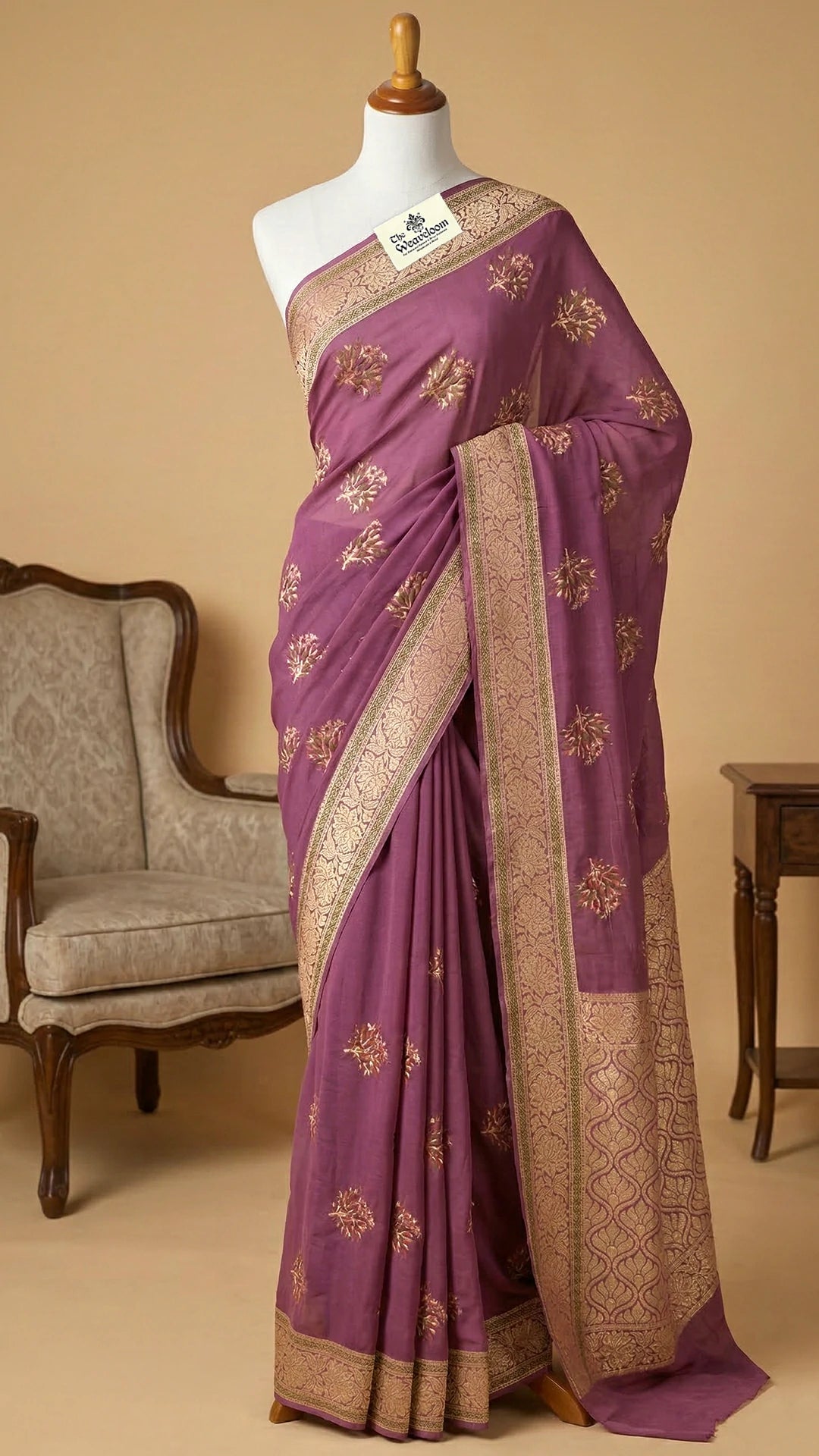 Onion Pink Crepe Georgette Meenakari Banarasi Saree With Golden Zari Border by The Weaveloom