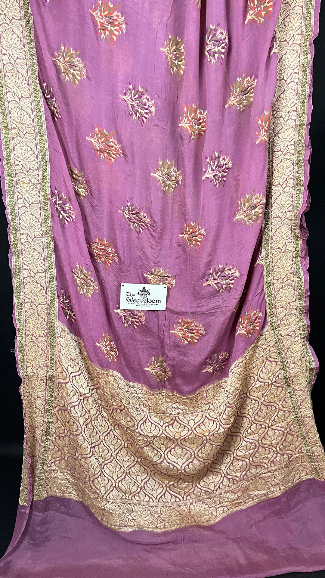 Onion Pink Crepe Georgette Meenakari Banarasi Saree With Golden Zari Border by The Weaveloom
