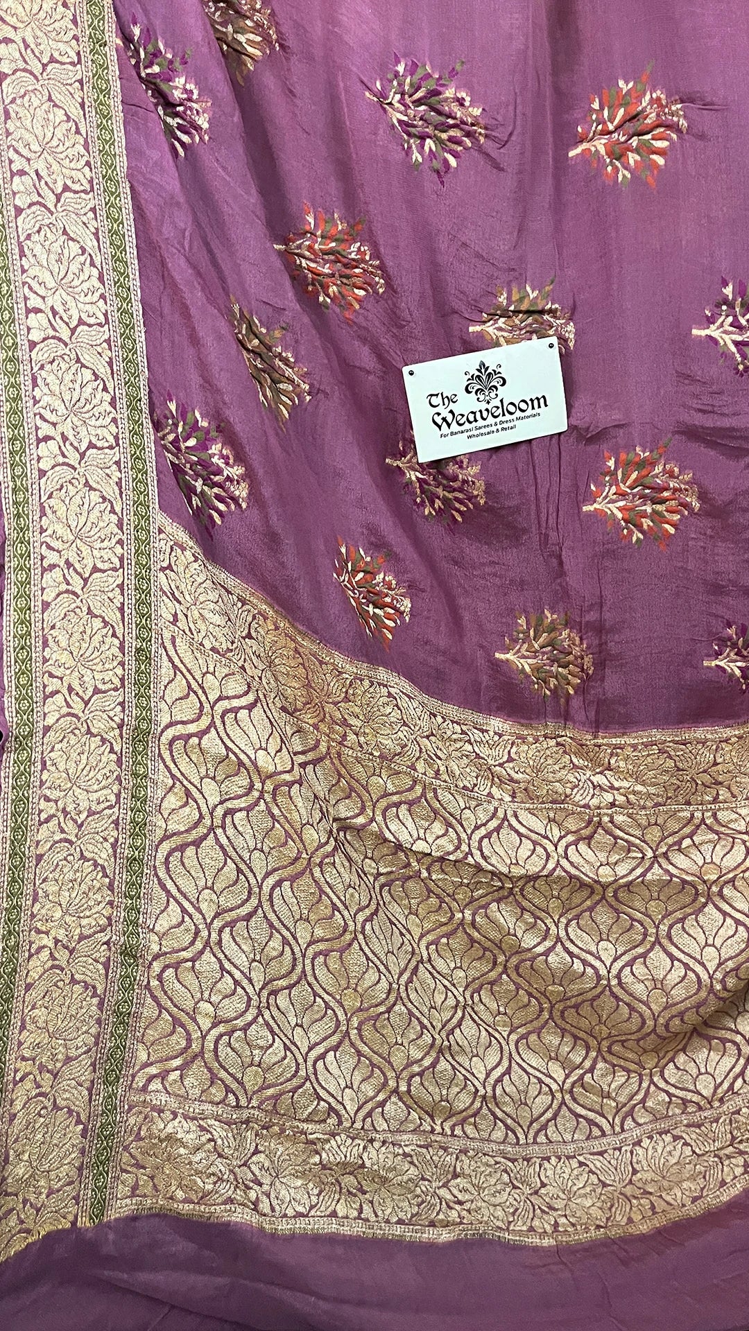 Onion Pink Crepe Georgette Meenakari Banarasi Saree With Golden Zari Border by The Weaveloom
