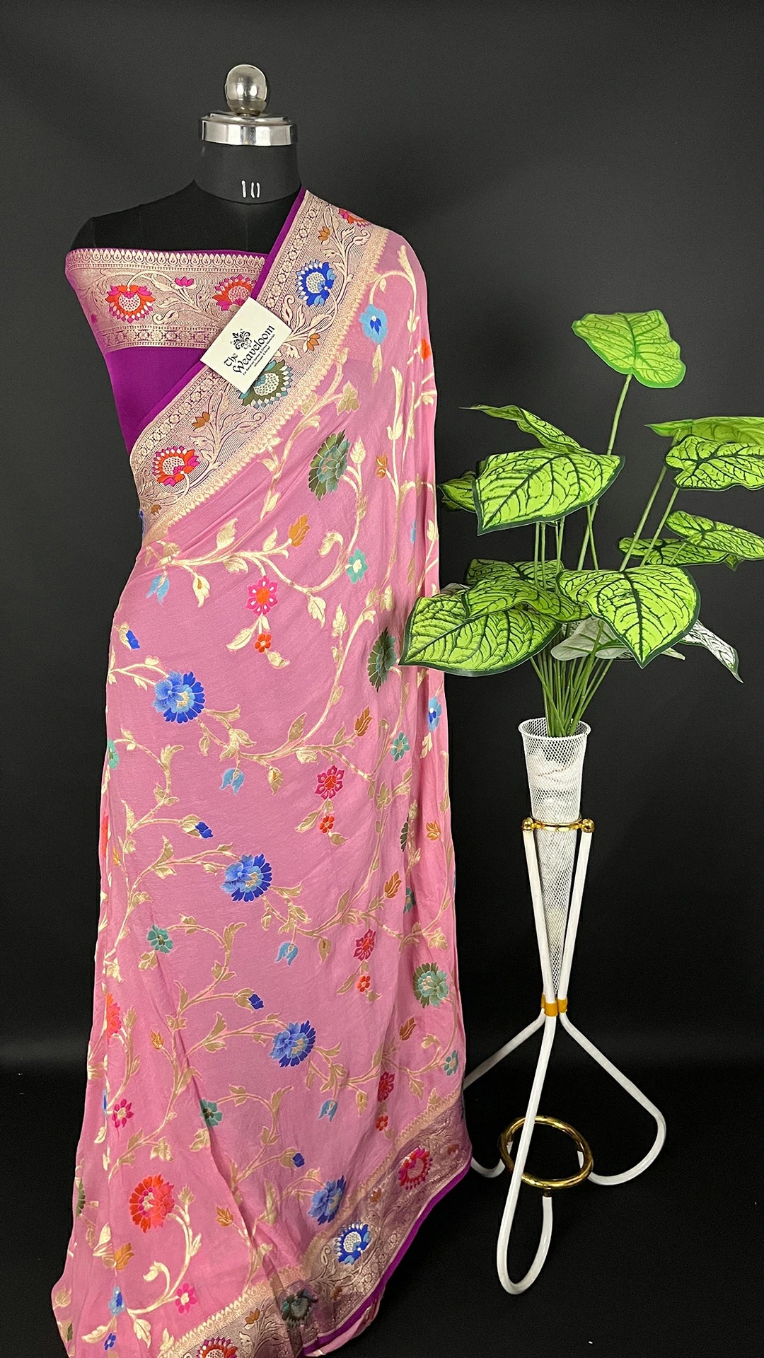 Onion Pink Tussar Georgette Pure Banarasi Saree with Meenakari Work by The Weaveloom