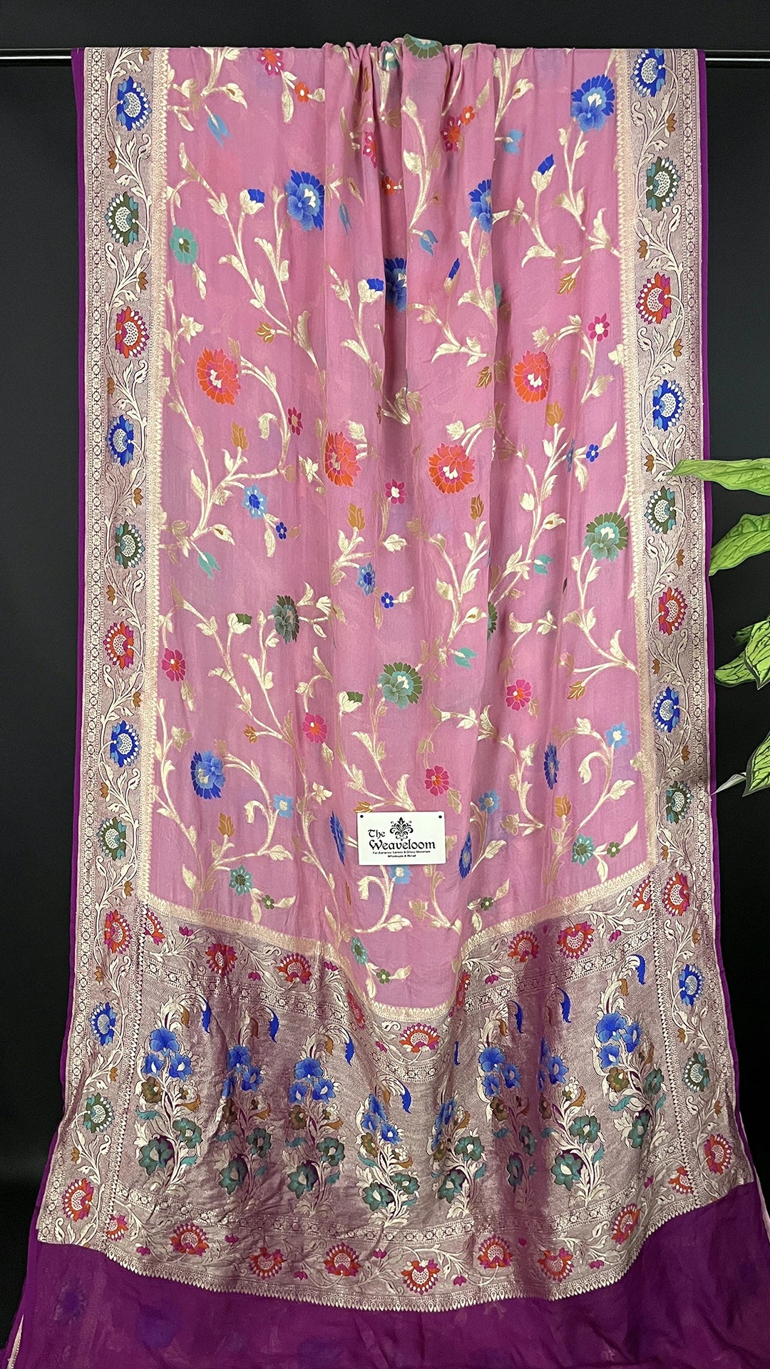 Onion Pink Tussar Georgette Pure Banarasi Saree with Meenakari Work by The Weaveloom