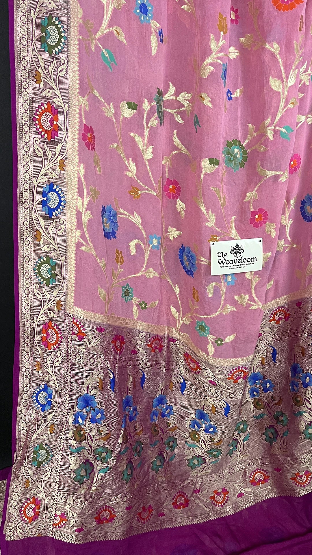Onion Pink Tussar Georgette Pure Banarasi Saree with Meenakari Work by The Weaveloom