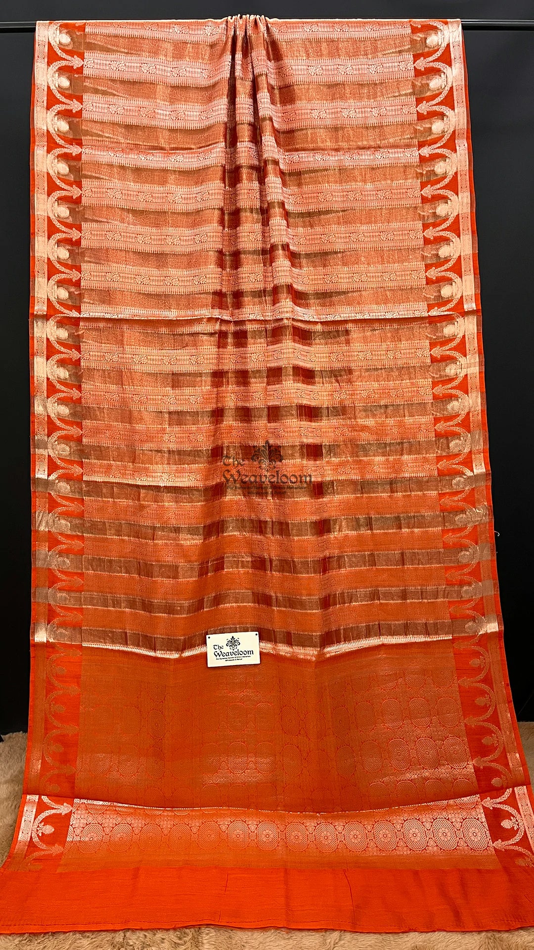 Orange Floral Striped Munga Tissue Silk Pure Banarasi Saree by The Weaveloom