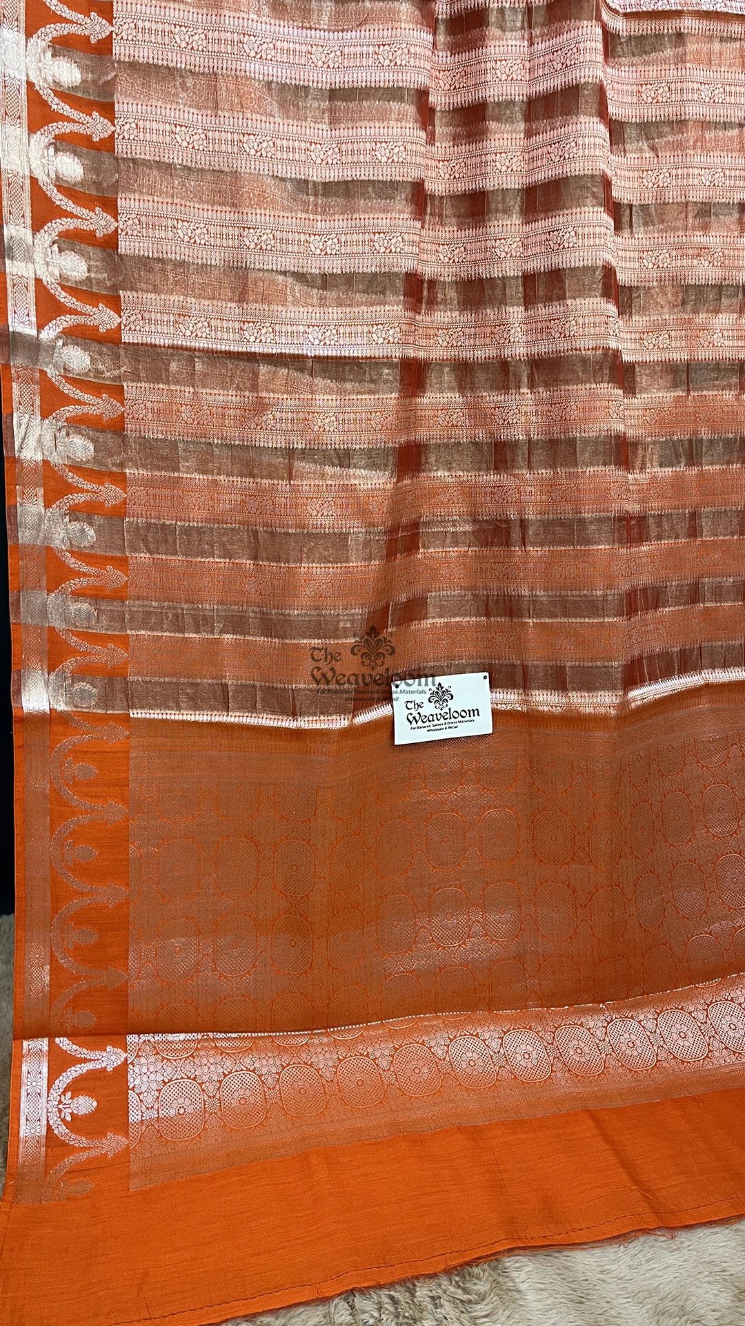 Orange Floral Striped Munga Tissue Silk Pure Banarasi Saree by The Weaveloom