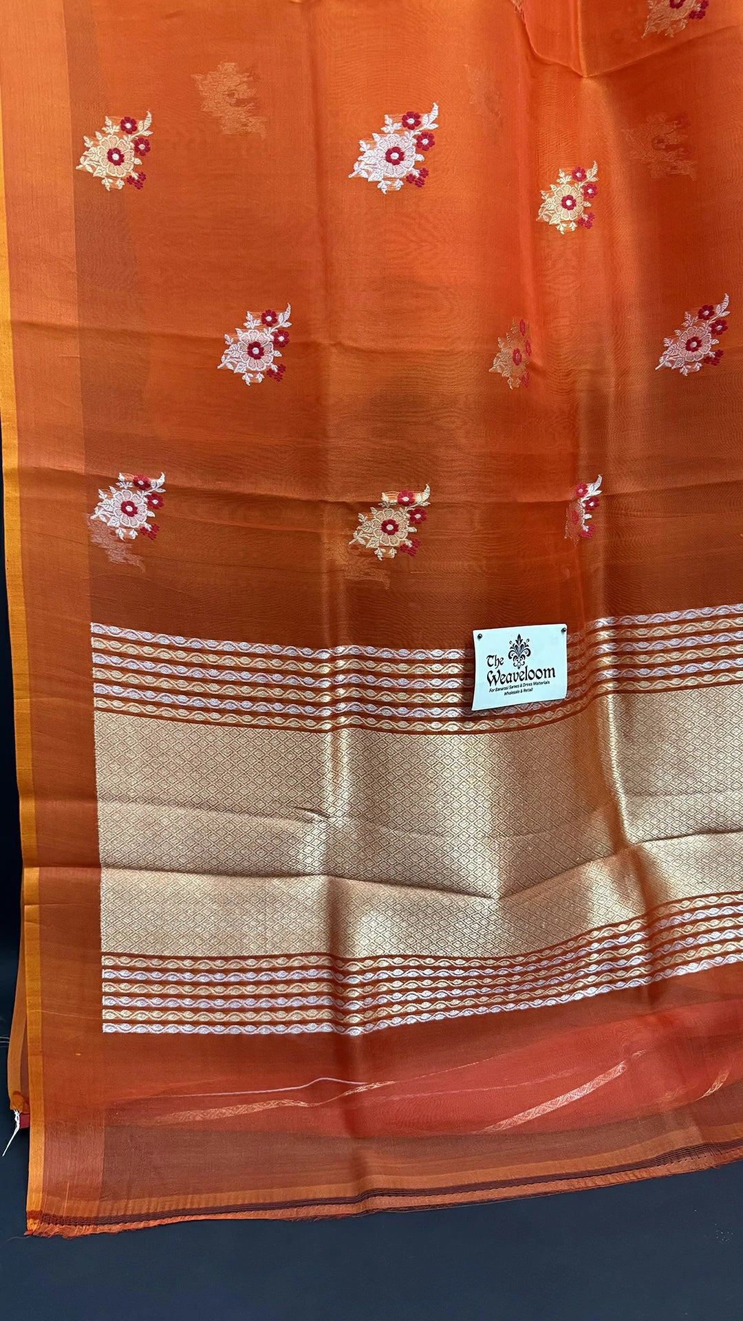 Orange Handloom Kora Silk Banarasi Saree with Meenakari Kadwa Floral Buta and Zari Border by The Weaveloom