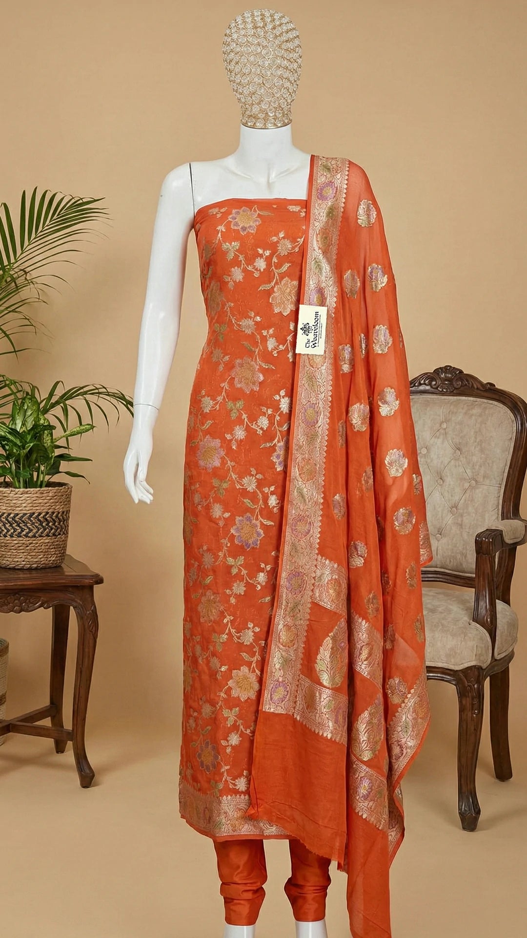 Orange Khaddi Georgette Pure Banarasi Dress Material with Handbrush Water Zari Work by The Weaveloom