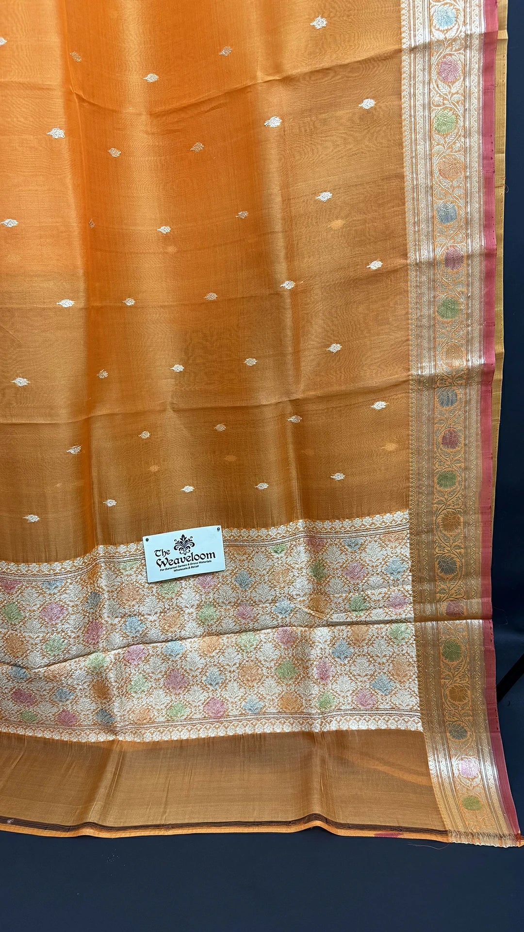 Orange Kora Silk Pure Banarasi Handloom Saree with Golden Zari Buti and Rich Border by The Weaveloom