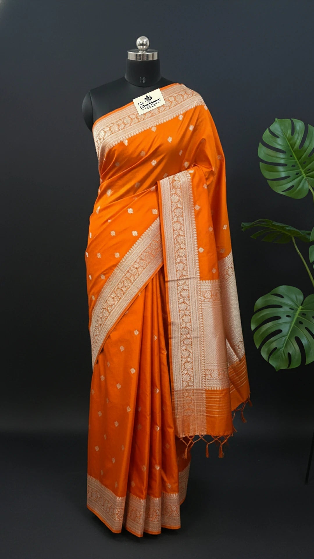 Orange Pure Katan Silk Handloom Banarasi Saree with Gold Zari Buta and Border by The Weaveloom