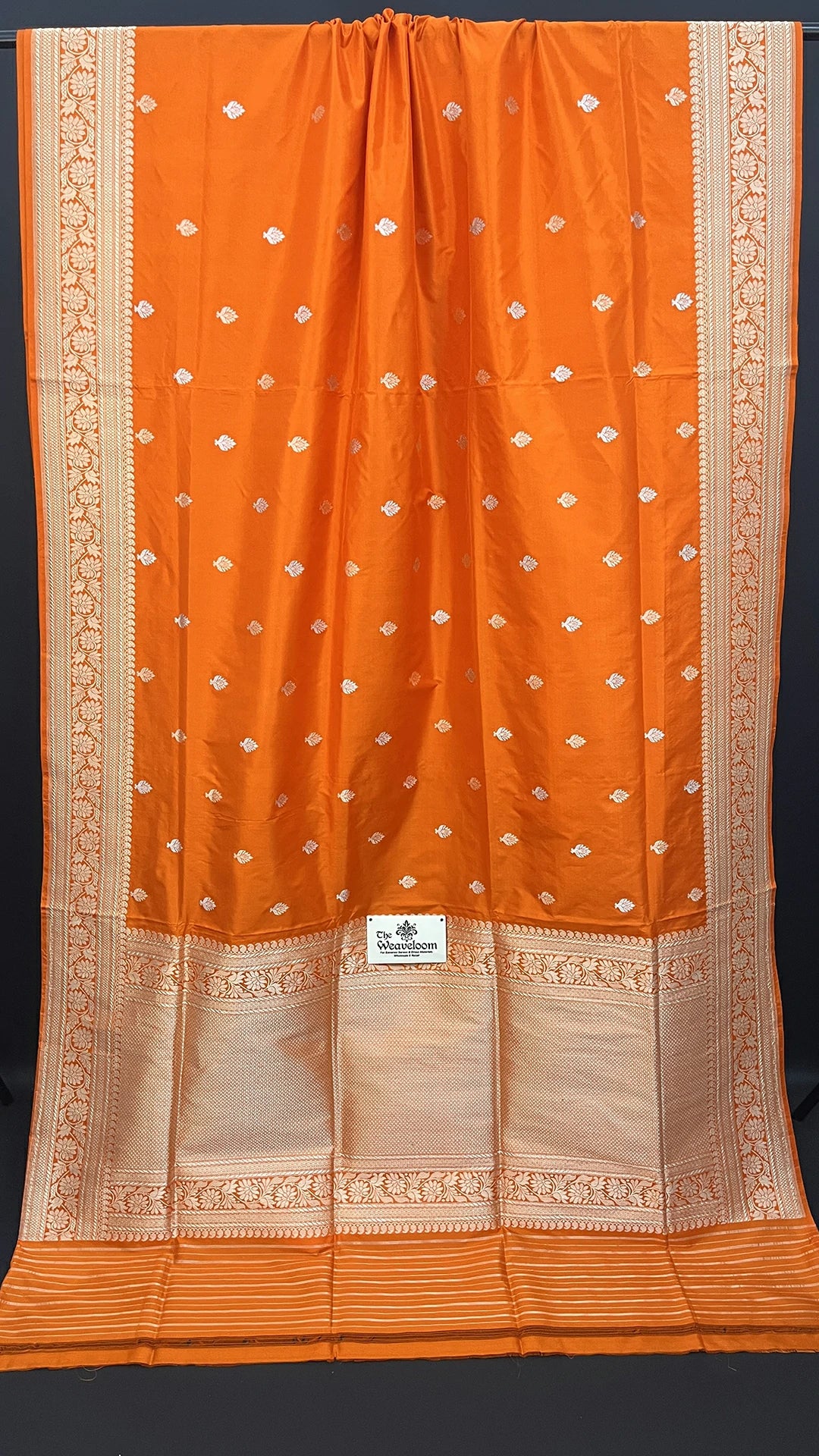 Orange Pure Katan Silk Handloom Banarasi Saree with Gold Zari Buta and Border by The Weaveloom